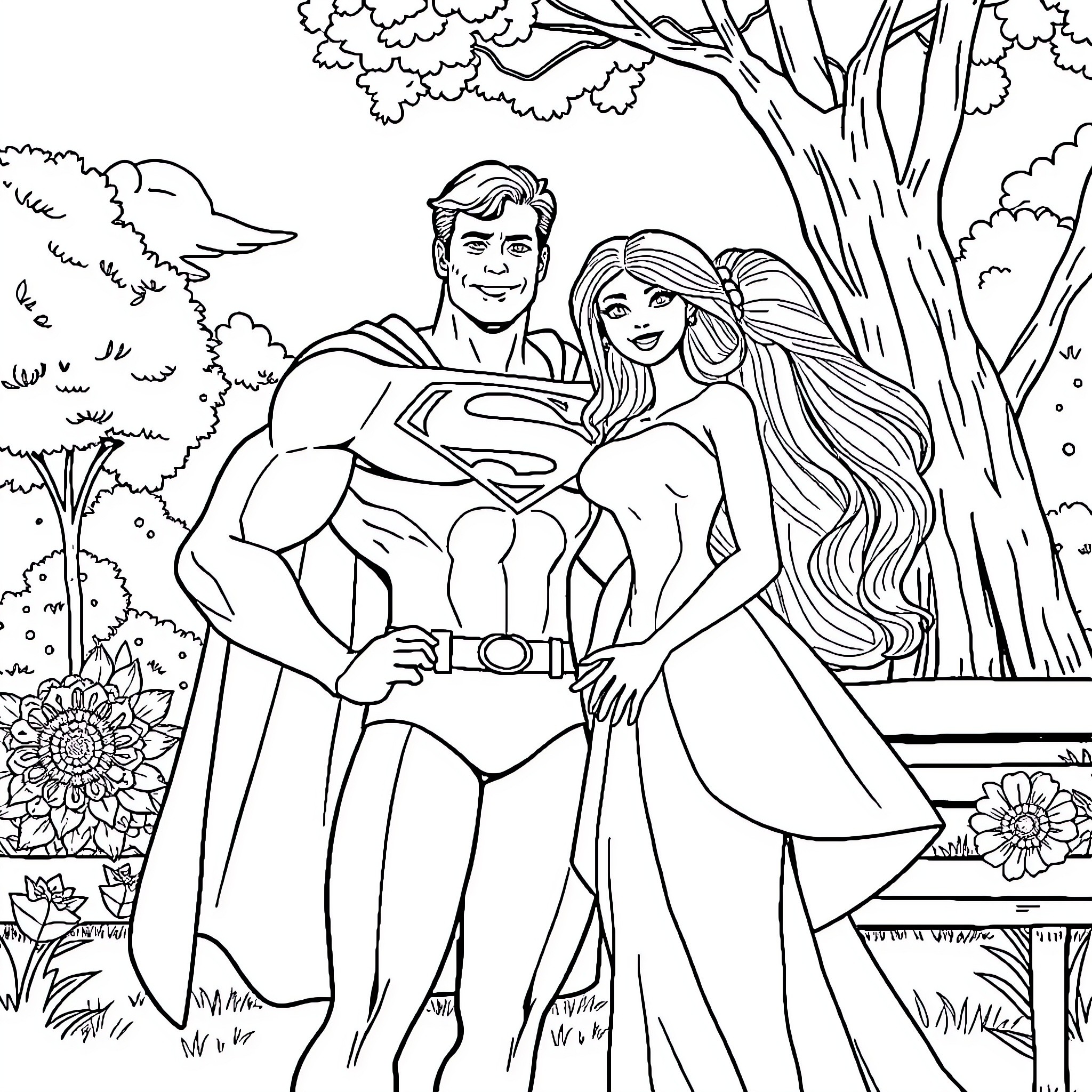 Superman and his beloved in a serene outdoor setting Coloring Page (free black-and-white line drawing printable PDF for all, from beginners to advanced learners, including children, teens, adults, and seniors)