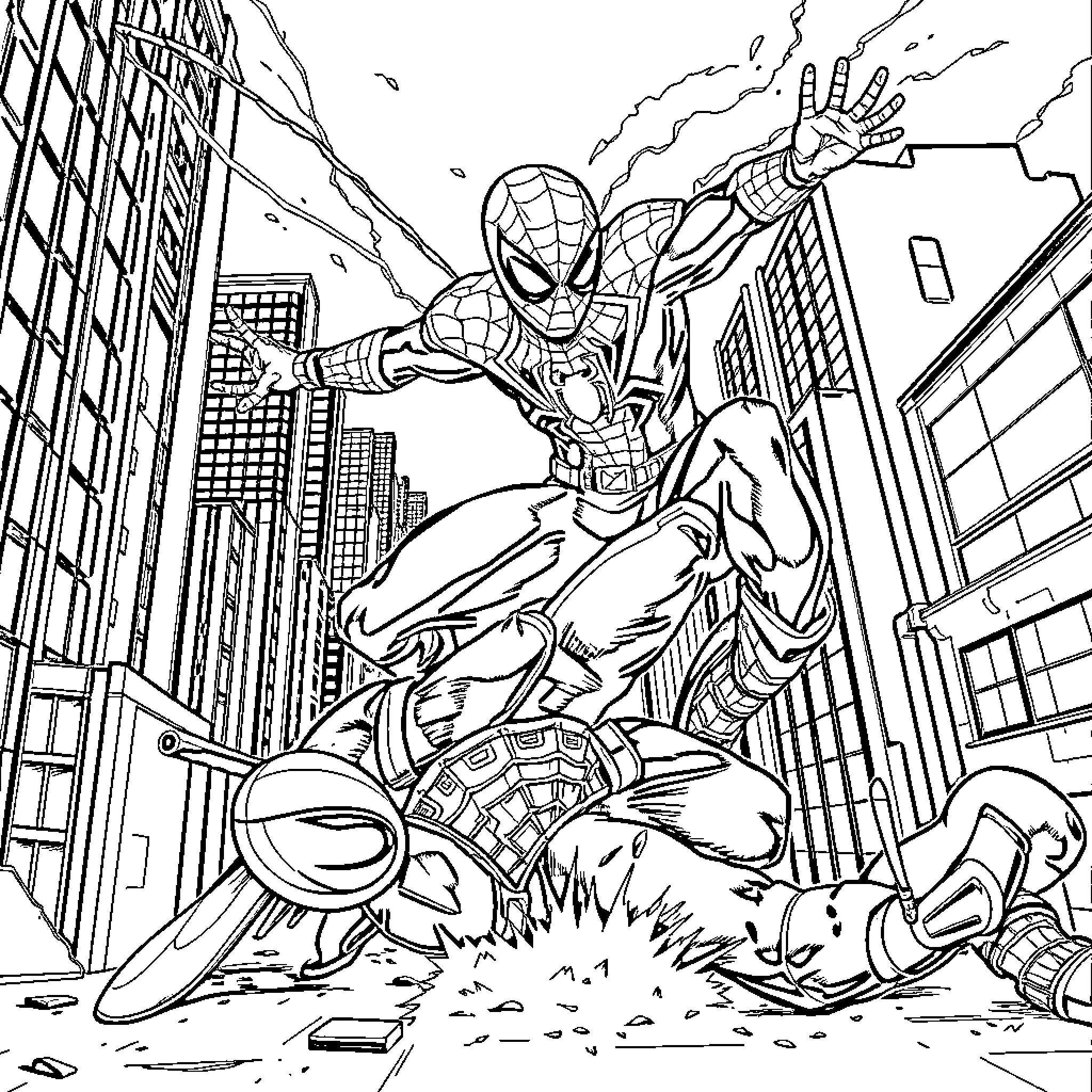 Spiderman swinging through the city and battling villains Coloring Page (free black-and-white line drawing printable PDF for all, from beginners to advanced learners, including children, teens, adults, and seniors)