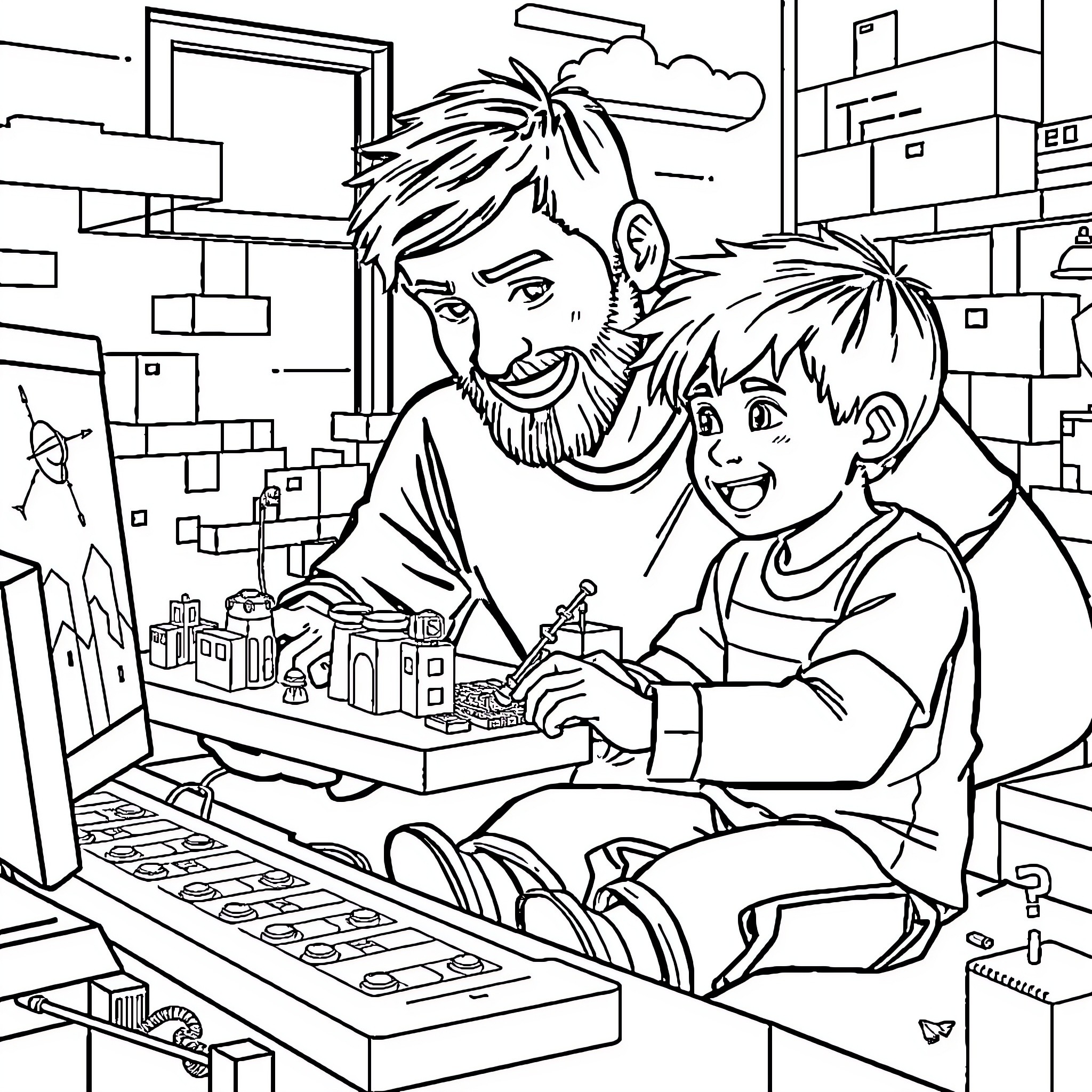 Minecraft father and son playing with building blocks Coloring Page (free black-and-white line drawing printable PDF for all, from beginners to advanced learners, including children, teens, adults, and seniors)