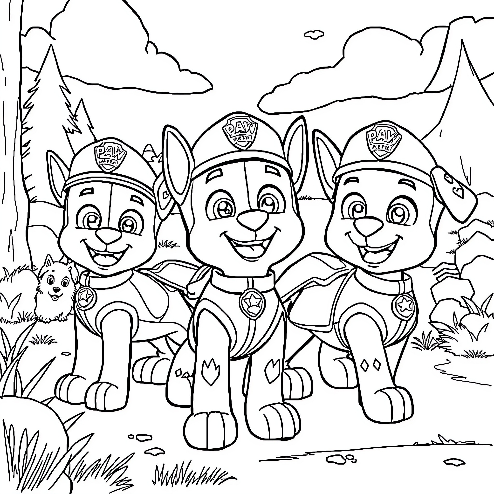 Paw Patrol Rescuers in the Wilderness Coloring Page (free black-and-white line drawing printable PDF for all, from beginners to advanced learners, including children, teens, adults, and seniors)