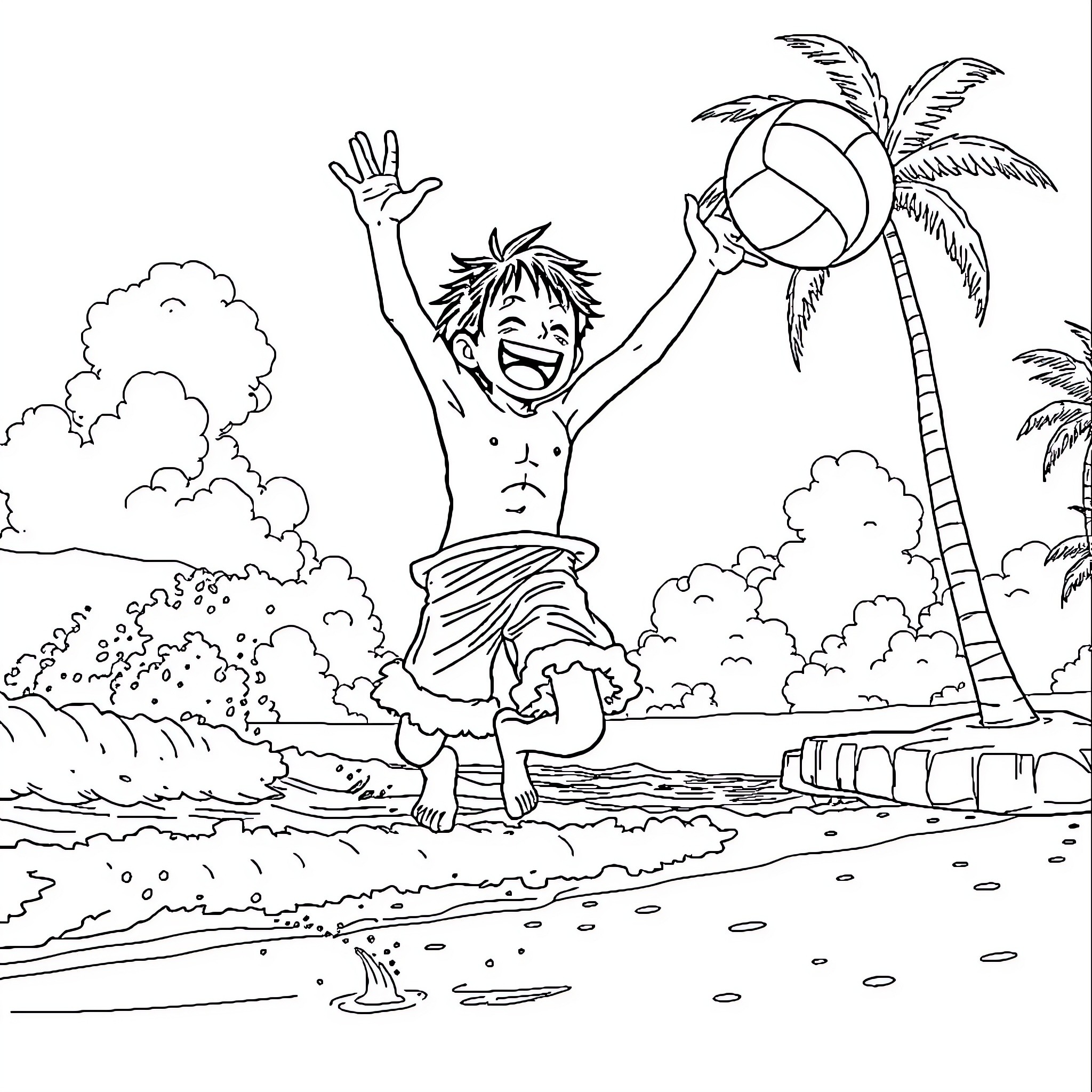 Luffy enjoying the beach and playing with a volleyball Coloring Page (free black-and-white line drawing printable PDF for all, from beginners to advanced learners, including children, teens, adults, and seniors)