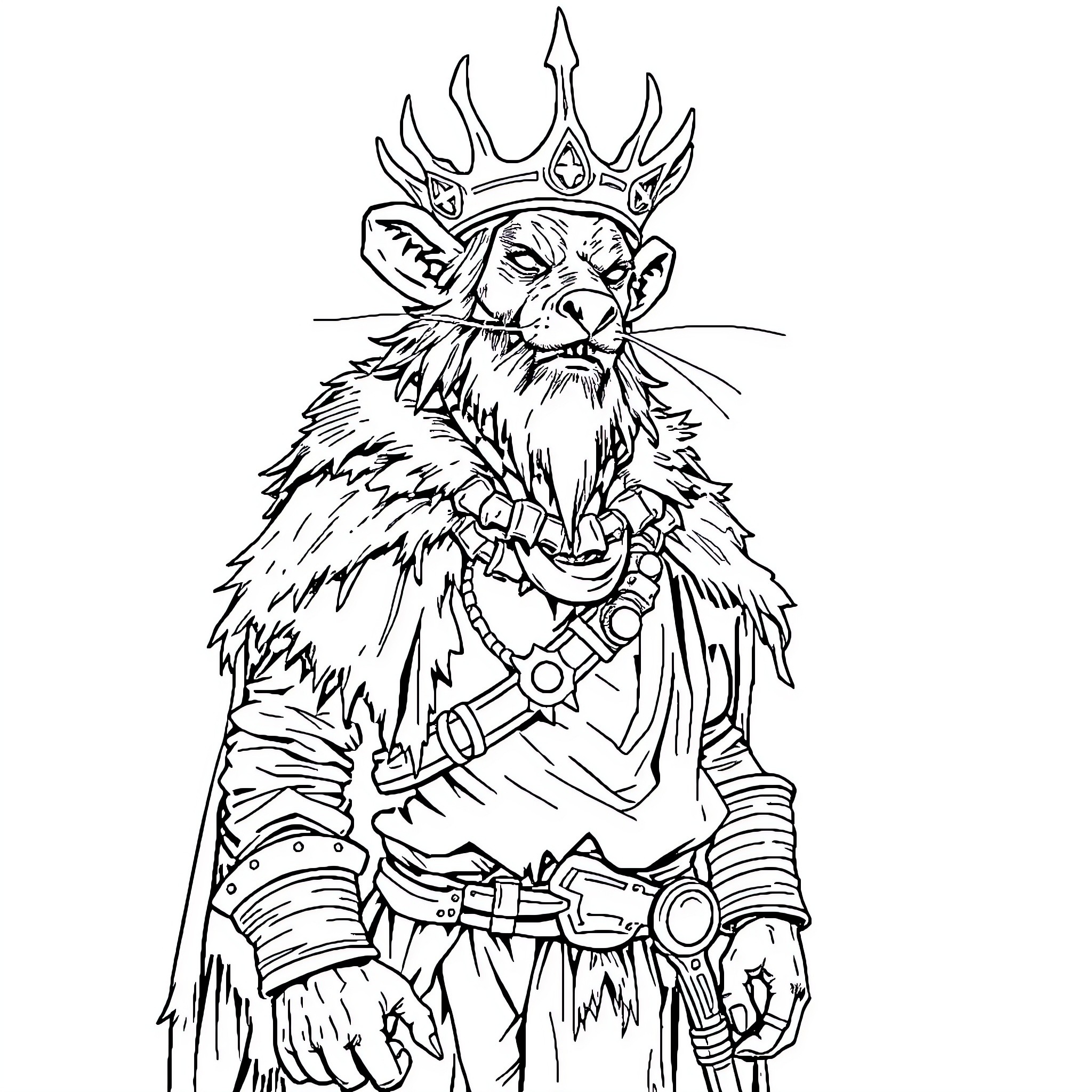 Rat King in Ornate Attire and Headpiece Coloring Page (free black-and-white line drawing printable PDF for all, from beginners to advanced learners, including children, teens, adults, and seniors)