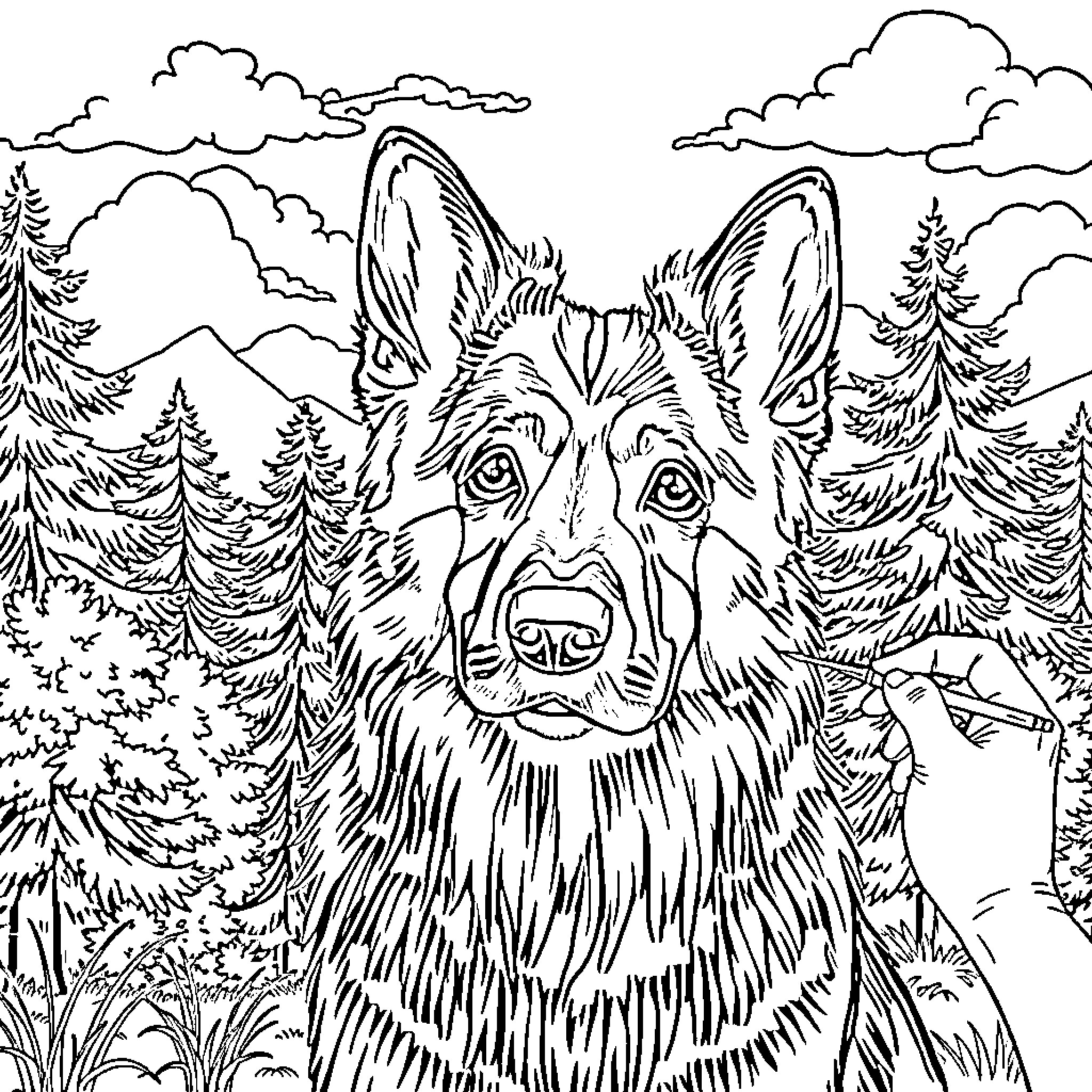 German Shepherd exploring the forest landscape Coloring Page (free black-and-white line drawing printable PDF for all, from beginners to advanced learners, including children, teens, adults, and seniors)