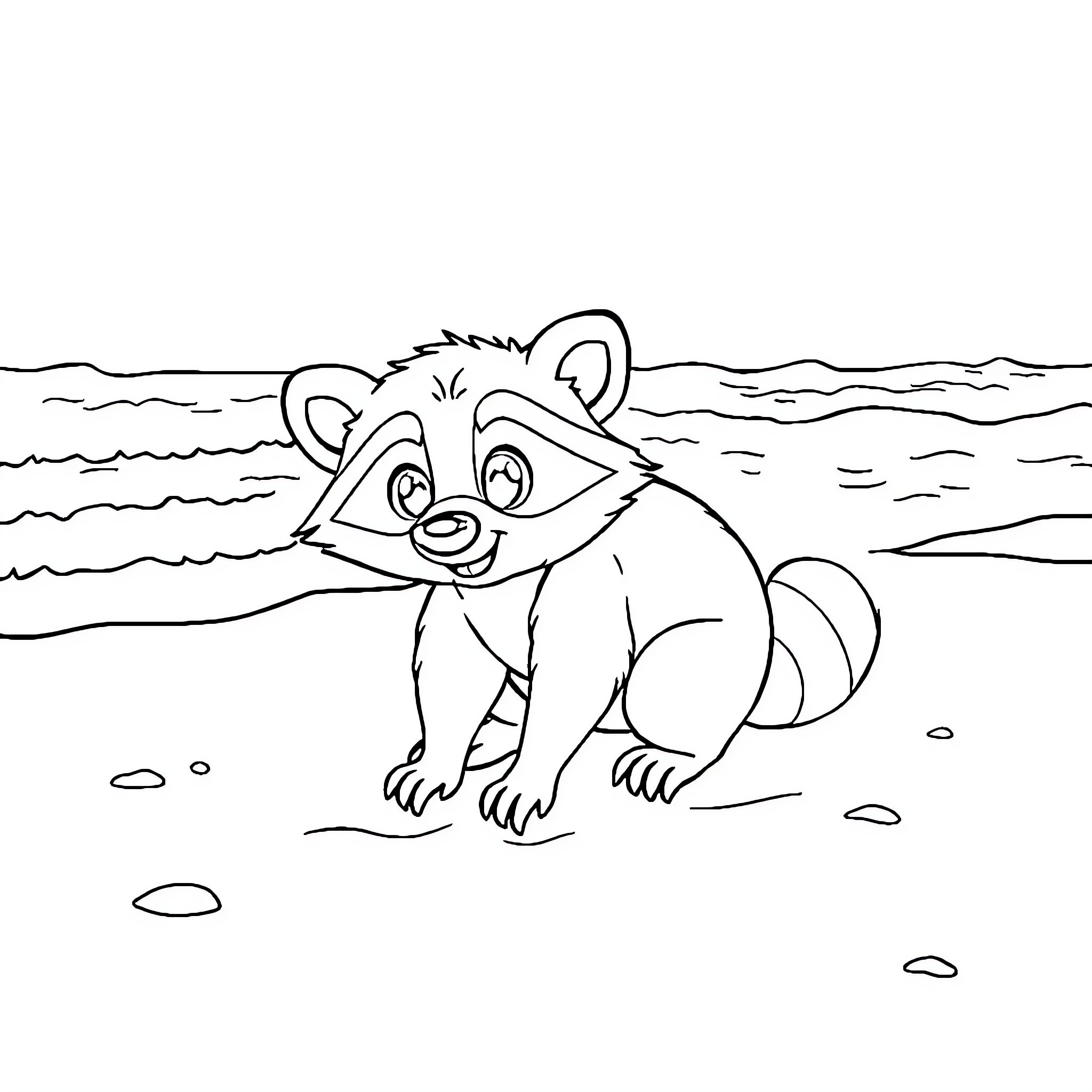 Raccoon exploring the beach Coloring Page (free black-and-white line drawing printable PDF for all, from beginners to advanced learners, including children, teens, adults, and seniors)