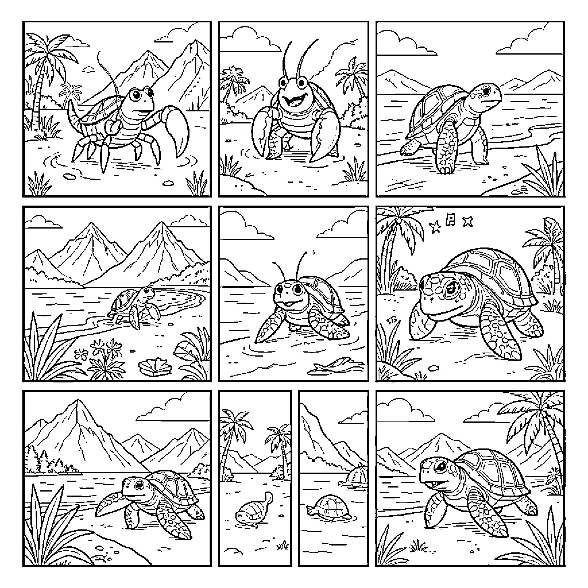 Crab and turtles wandering through various tropical landscapes Coloring Page (free black-and-white line drawing printable PDF for all, from beginners to advanced learners, including children, teens, adults, and seniors)