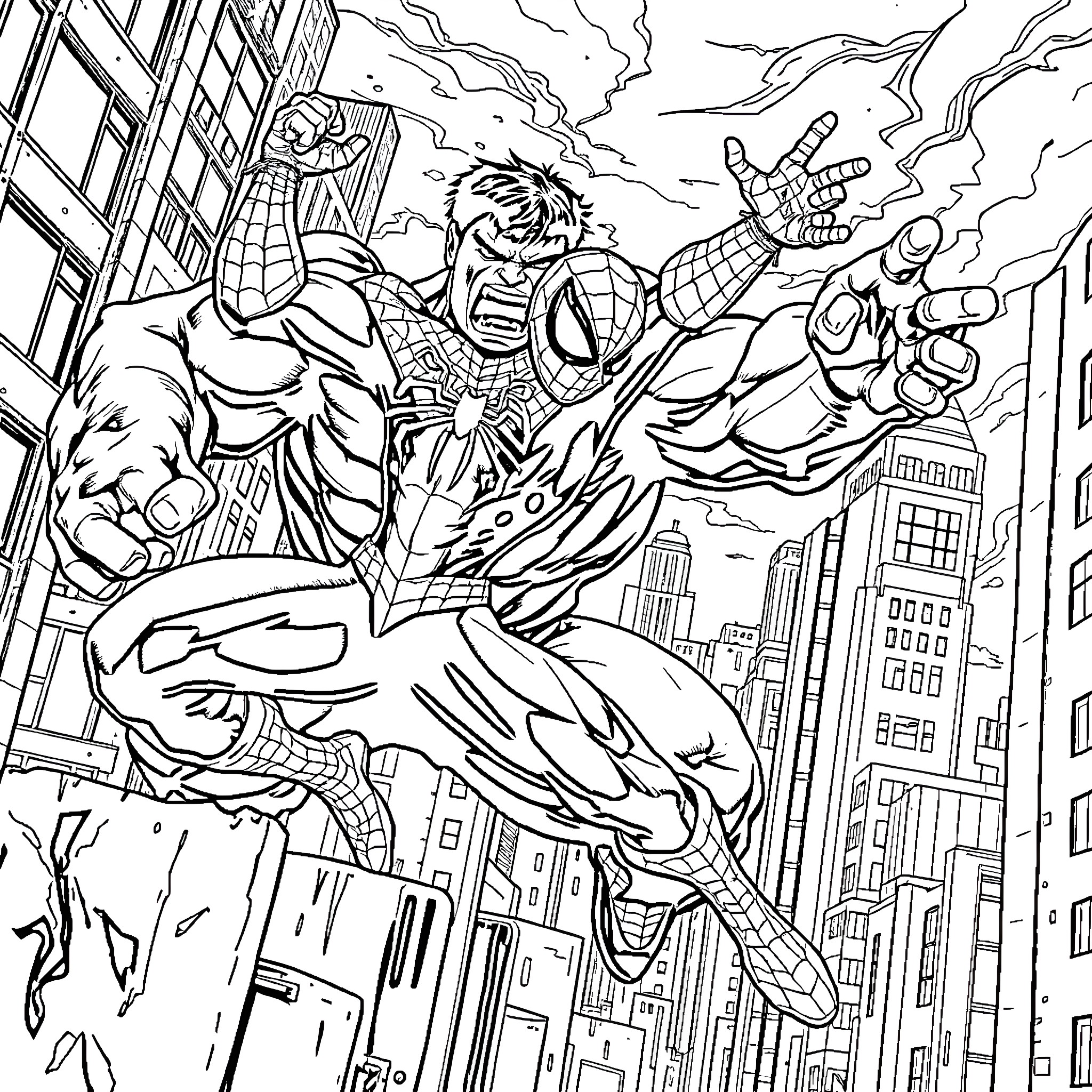 Spider-Man swinging through the city in action Coloring Page (free black-and-white line drawing printable PDF for all, from beginners to advanced learners, including children, teens, adults, and seniors)