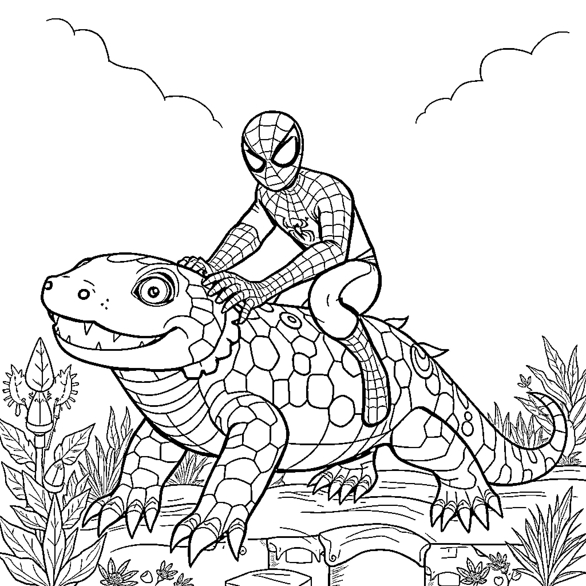 Spiderman riding a giant alligator in the wilderness Coloring Page (free black-and-white line drawing printable PDF for all, from beginners to advanced learners, including children, teens, adults, and seniors)