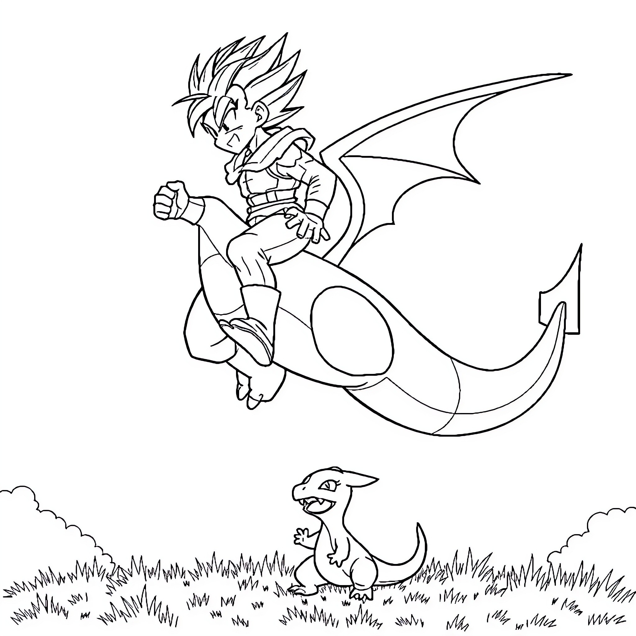 Vegeta flying heroically towards a fearsome dragon Coloring Page (free black-and-white line drawing printable PDF for all, from beginners to advanced learners, including children, teens, adults, and seniors)
