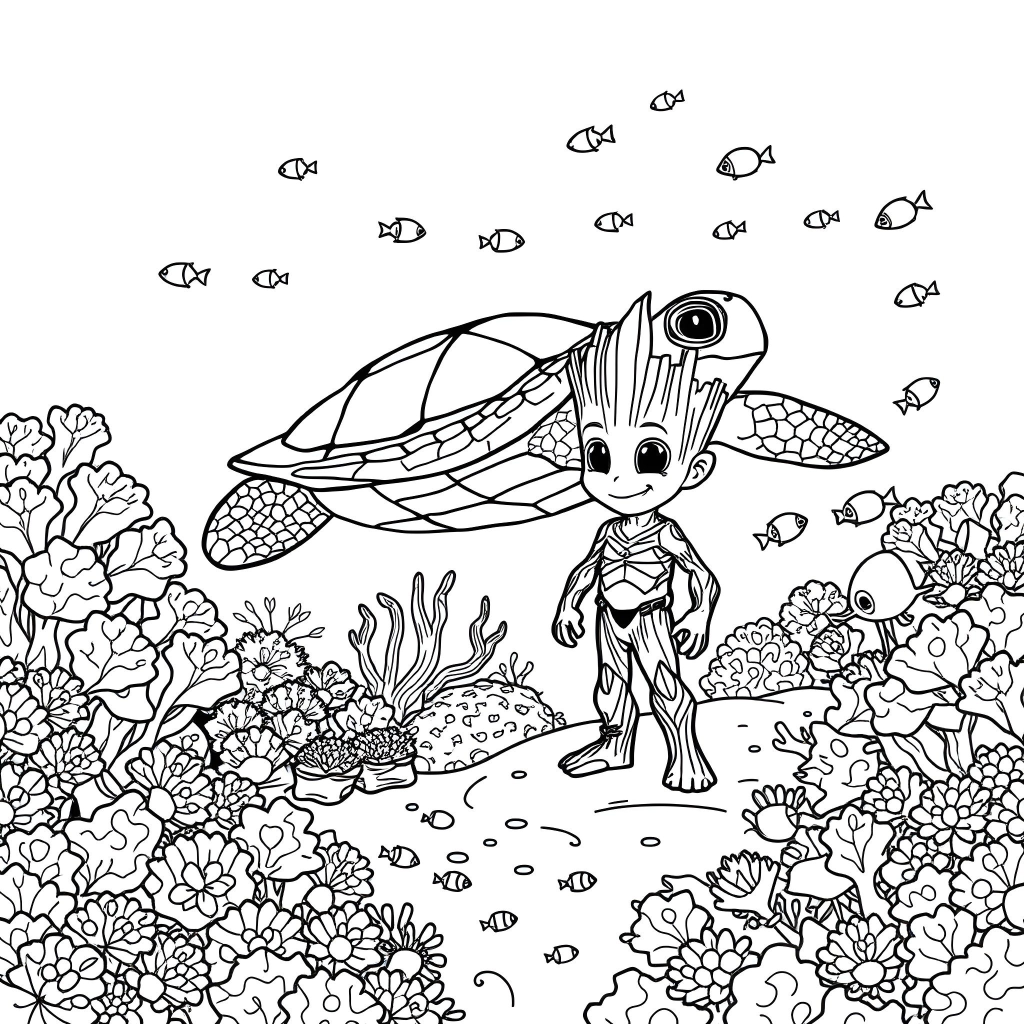 Turtle swimming among colorful marine life Coloring Page (free black-and-white line drawing printable PDF for all, from beginners to advanced learners, including children, teens, adults, and seniors)