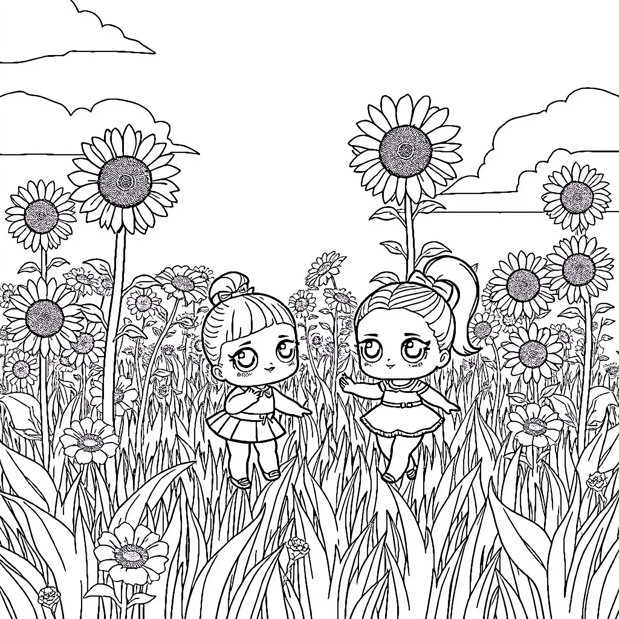 Lol Dolls playing in a sunflower field Coloring Page (free black-and-white line drawing printable PDF for all, from beginners to advanced learners, including children, teens, adults, and seniors)