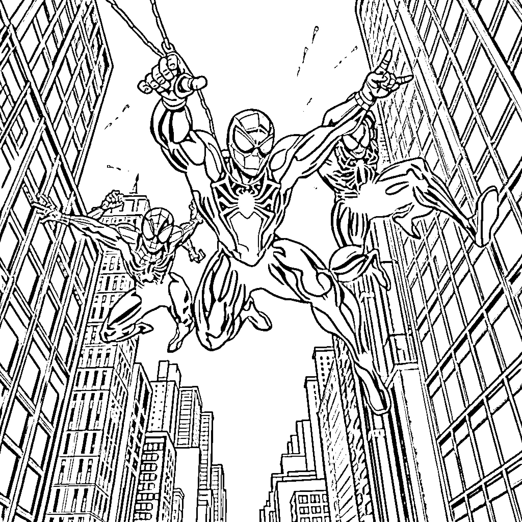 Spider-Man heroically swinging through the city skyline Coloring Page (free black-and-white line drawing printable PDF for all, from beginners to advanced learners, including children, teens, adults, and seniors)