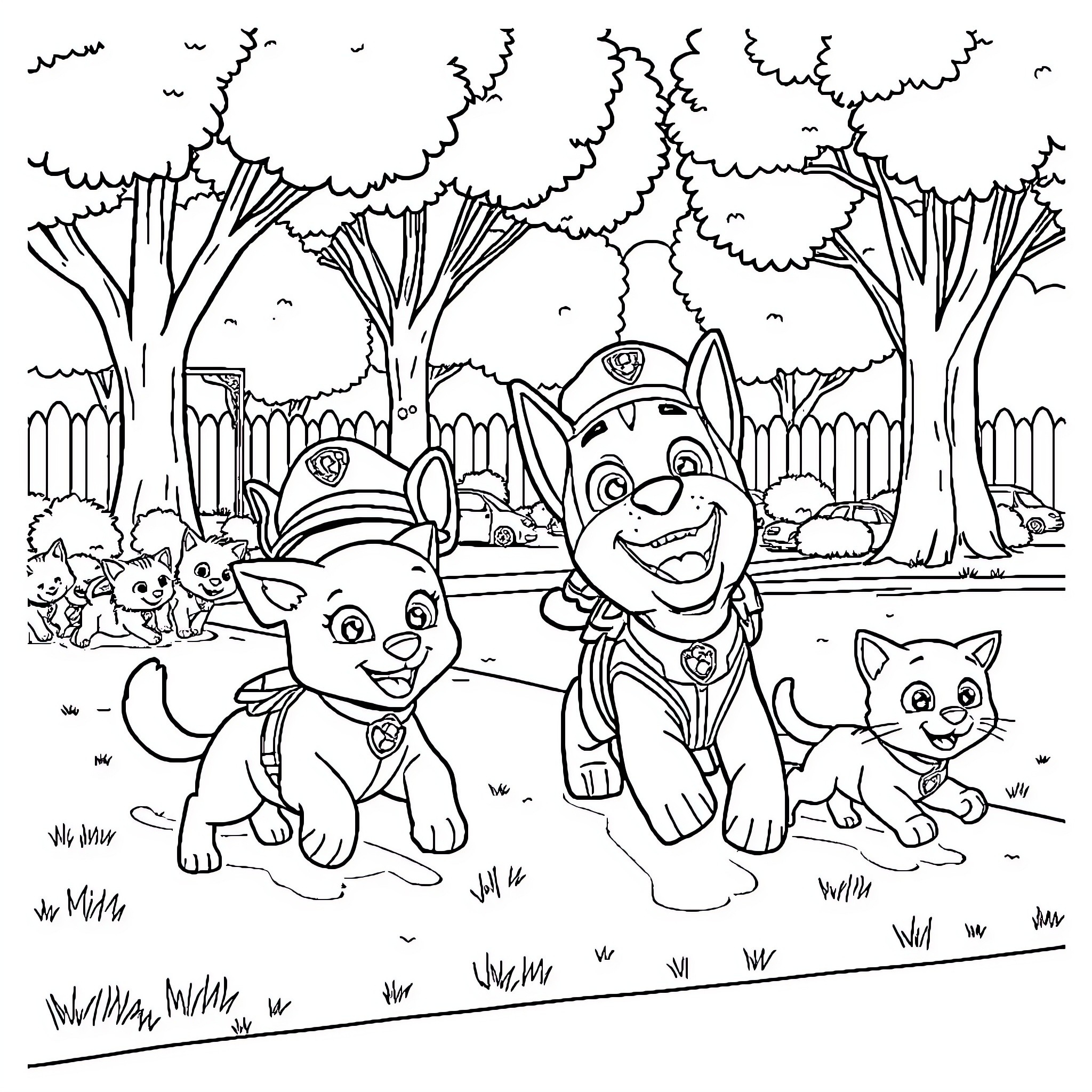 Paw Patrol puppies on adventure in the forest Coloring Page (free black-and-white line drawing printable PDF for all, from beginners to advanced learners, including children, teens, adults, and seniors)