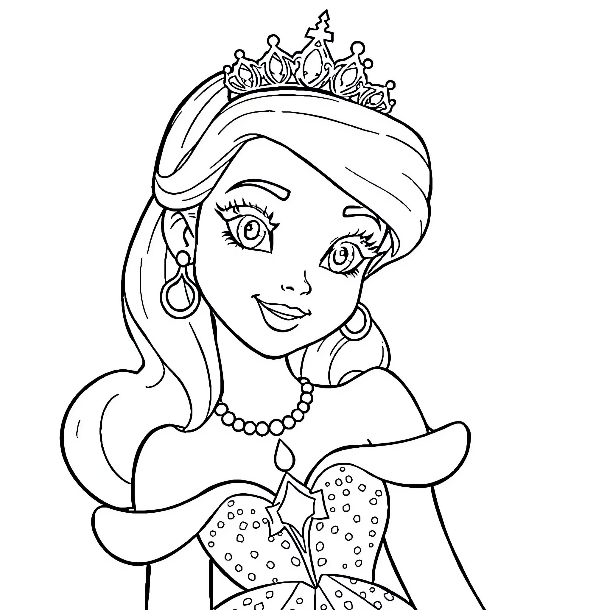 Princess in Elegant Attire and Crown Coloring Page (free black-and-white line drawing printable PDF for all, from beginners to advanced learners, including children, teens, adults, and seniors)
