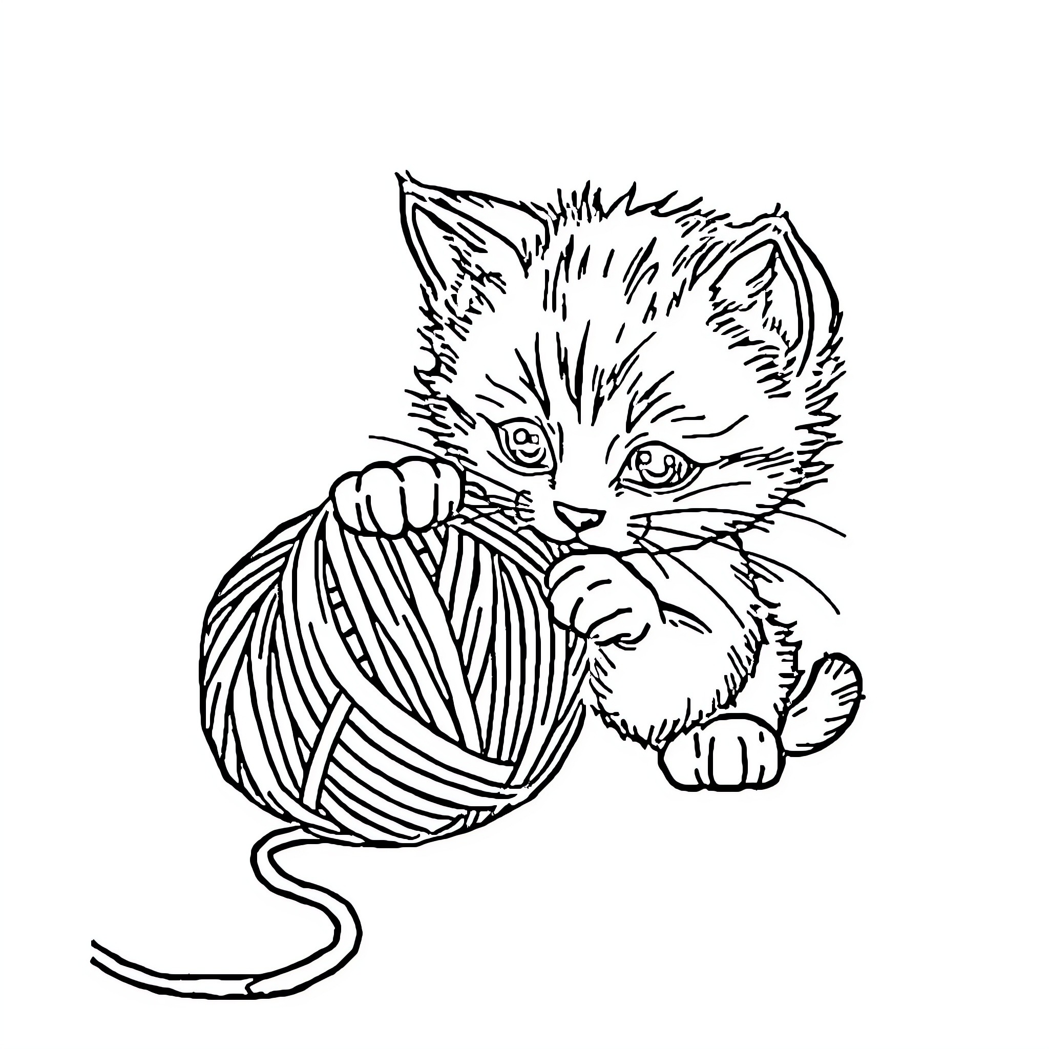 Kitty playing with ball of yarn Coloring Page (free black-and-white line drawing printable PDF for all, from beginners to advanced learners, including children, teens, adults, and seniors)