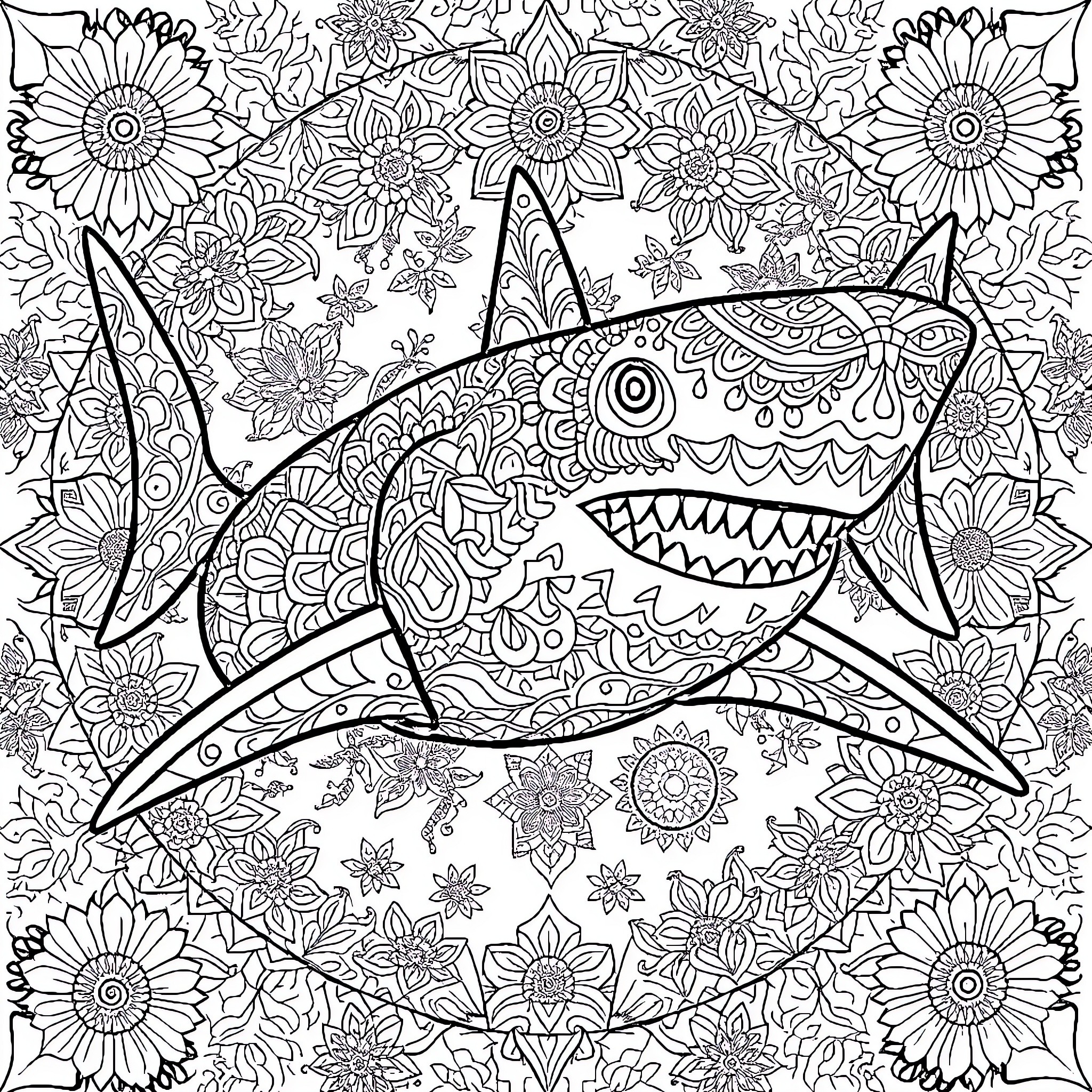 Shark in a whimsical floral environment Coloring Page (free black-and-white line drawing printable PDF for all, from beginners to advanced learners, including children, teens, adults, and seniors)