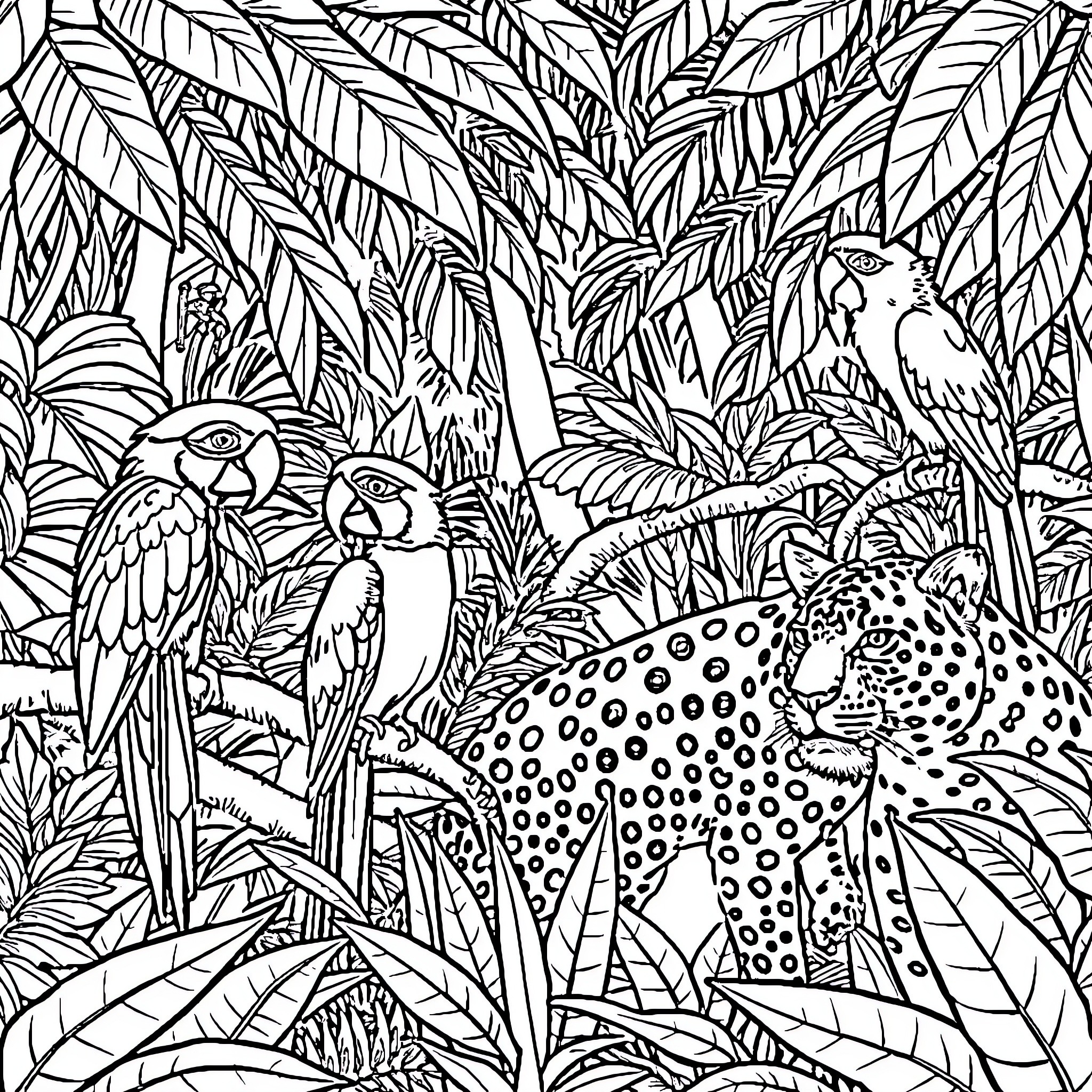 Amazon Animal Jungle Encounter Coloring Page (free black-and-white line drawing printable PDF for all, from beginners to advanced learners, including children, teens, adults, and seniors)