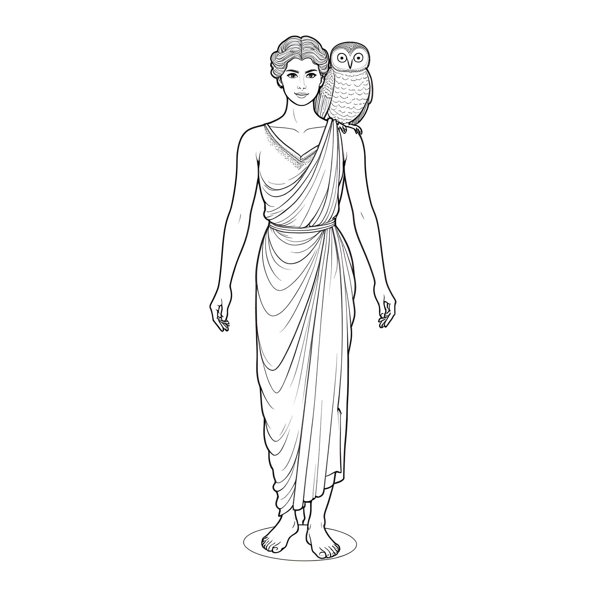 Athena, Goddess of Wisdom, with Owl Companion Coloring Page (free black-and-white line drawing printable PDF for all, from beginners to advanced learners, including children, teens, adults, and seniors)