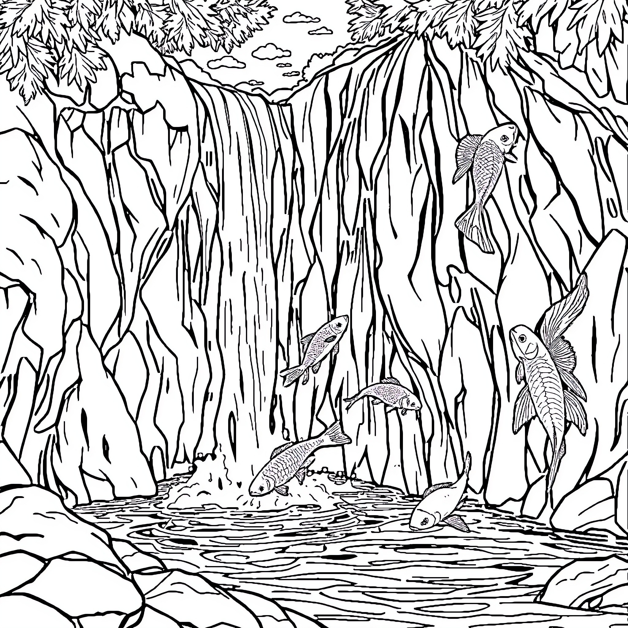 Cachoeira with fish swimming in the waterfall Coloring Page (free black-and-white line drawing printable PDF for all, from beginners to advanced learners, including children, teens, adults, and seniors)