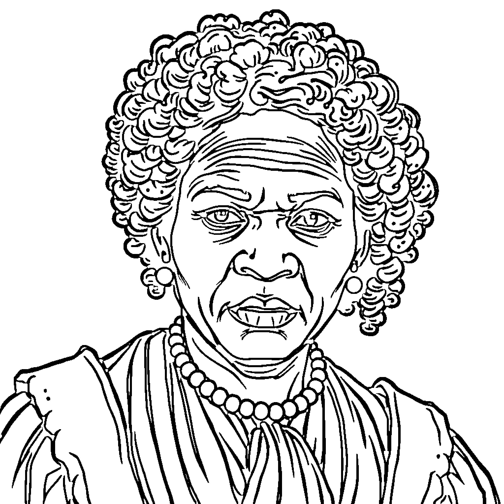 Harriet Tubman's Determined Gaze and Dramatic Attire Coloring Page (free black-and-white line drawing printable PDF for all, from beginners to advanced learners, including children, teens, adults, and seniors)