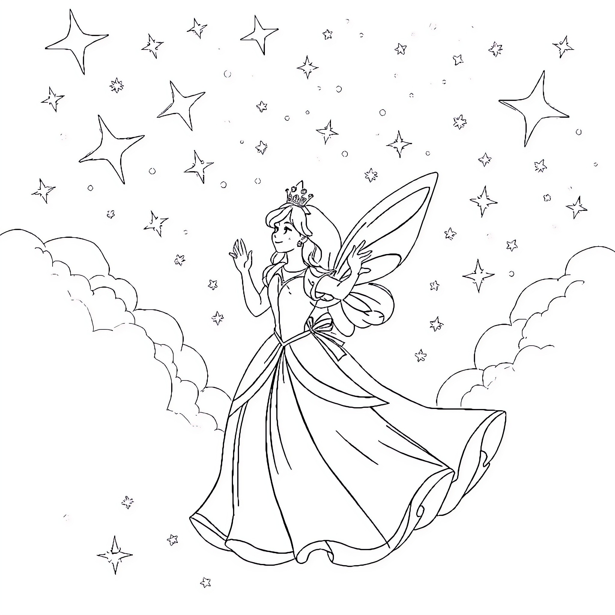 Cinderella as a fairy princess in the starry night Coloring Page (free black-and-white line drawing printable PDF for all, from beginners to advanced learners, including children, teens, adults, and seniors)