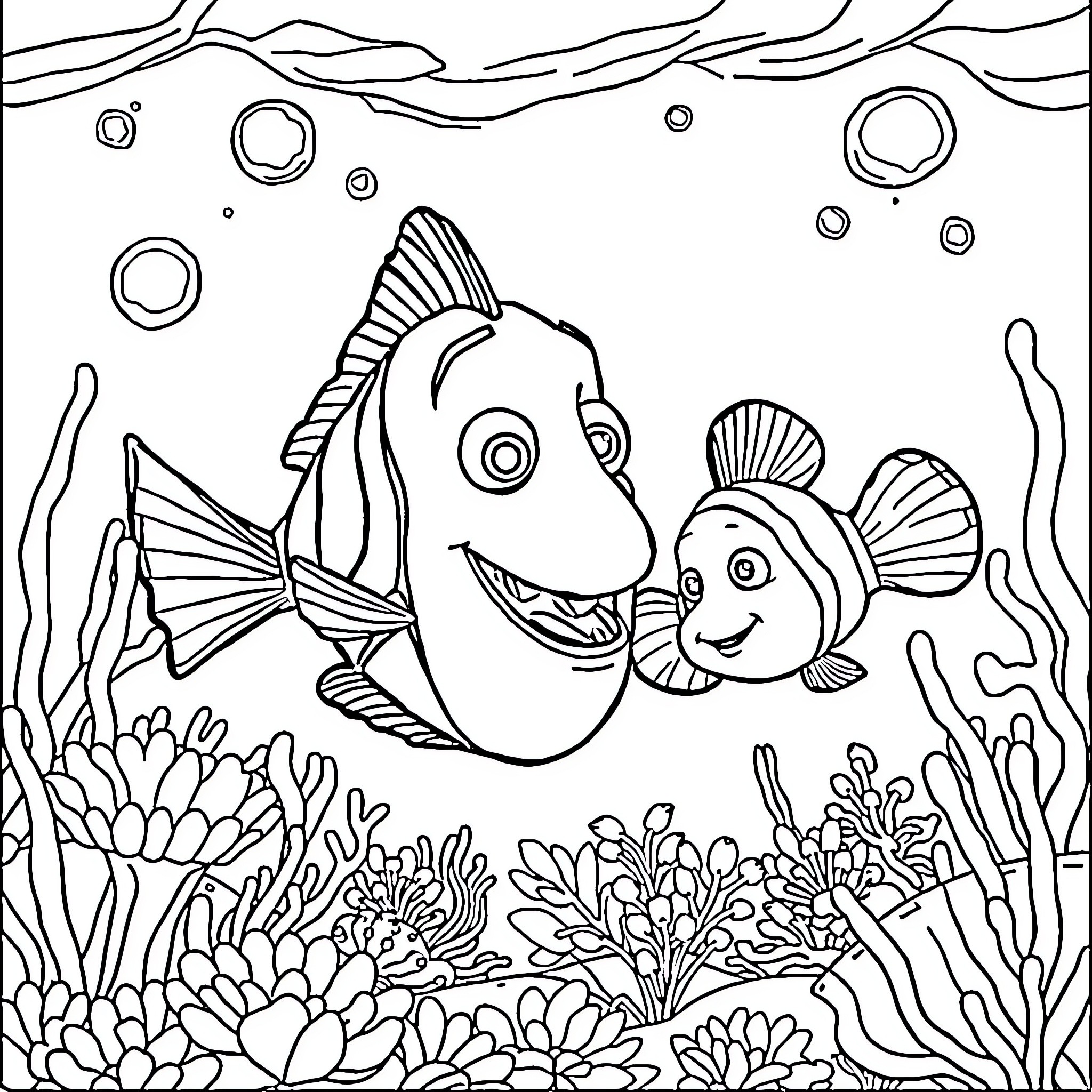 Nemo and Marlin explore the vibrant underwater world Coloring Page (free black-and-white line drawing printable PDF for all, from beginners to advanced learners, including children, teens, adults, and seniors)