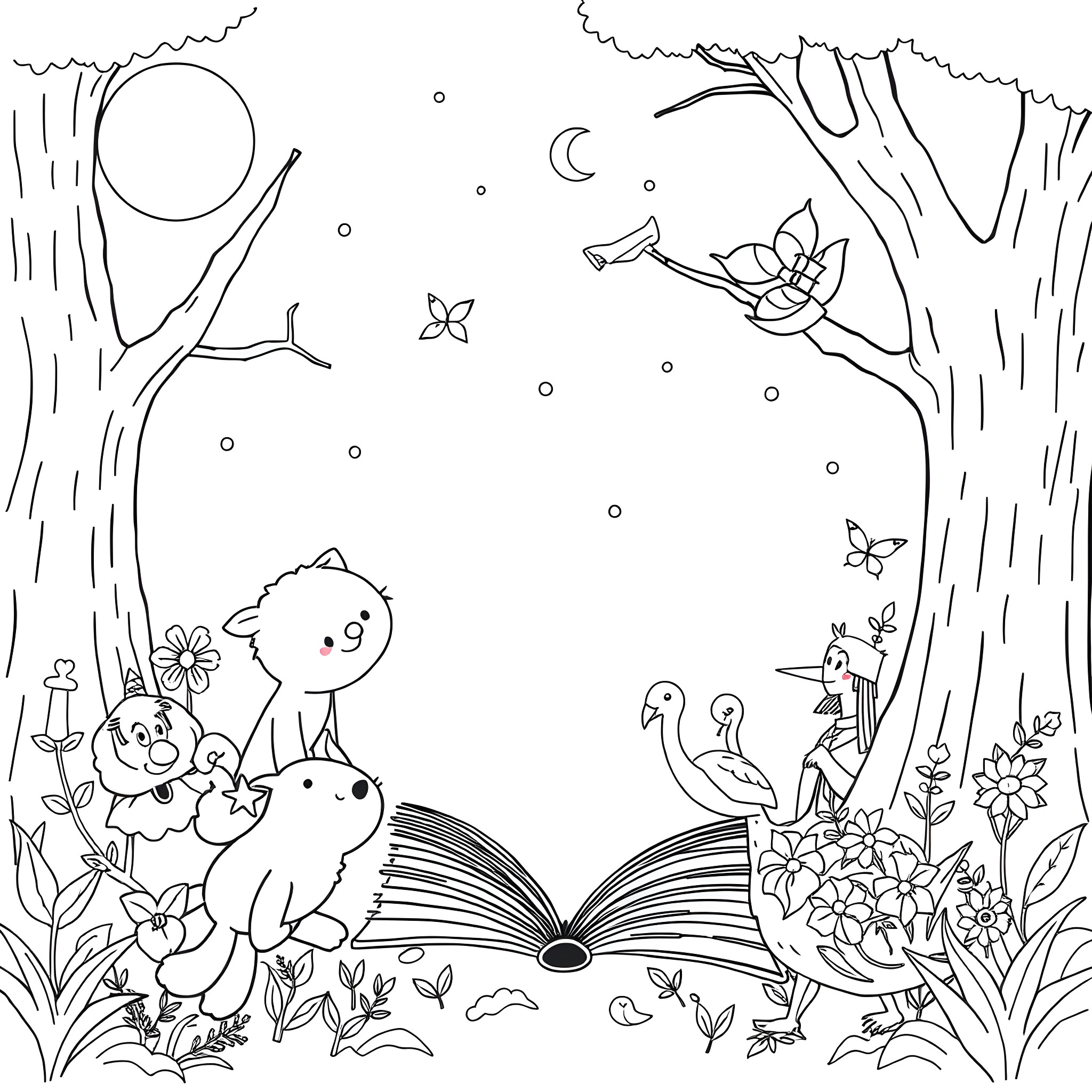 Kids' Magical Book Adventure in the Forest Coloring Page (free black-and-white line drawing printable PDF for all, from beginners to advanced learners, including children, teens, adults, and seniors)