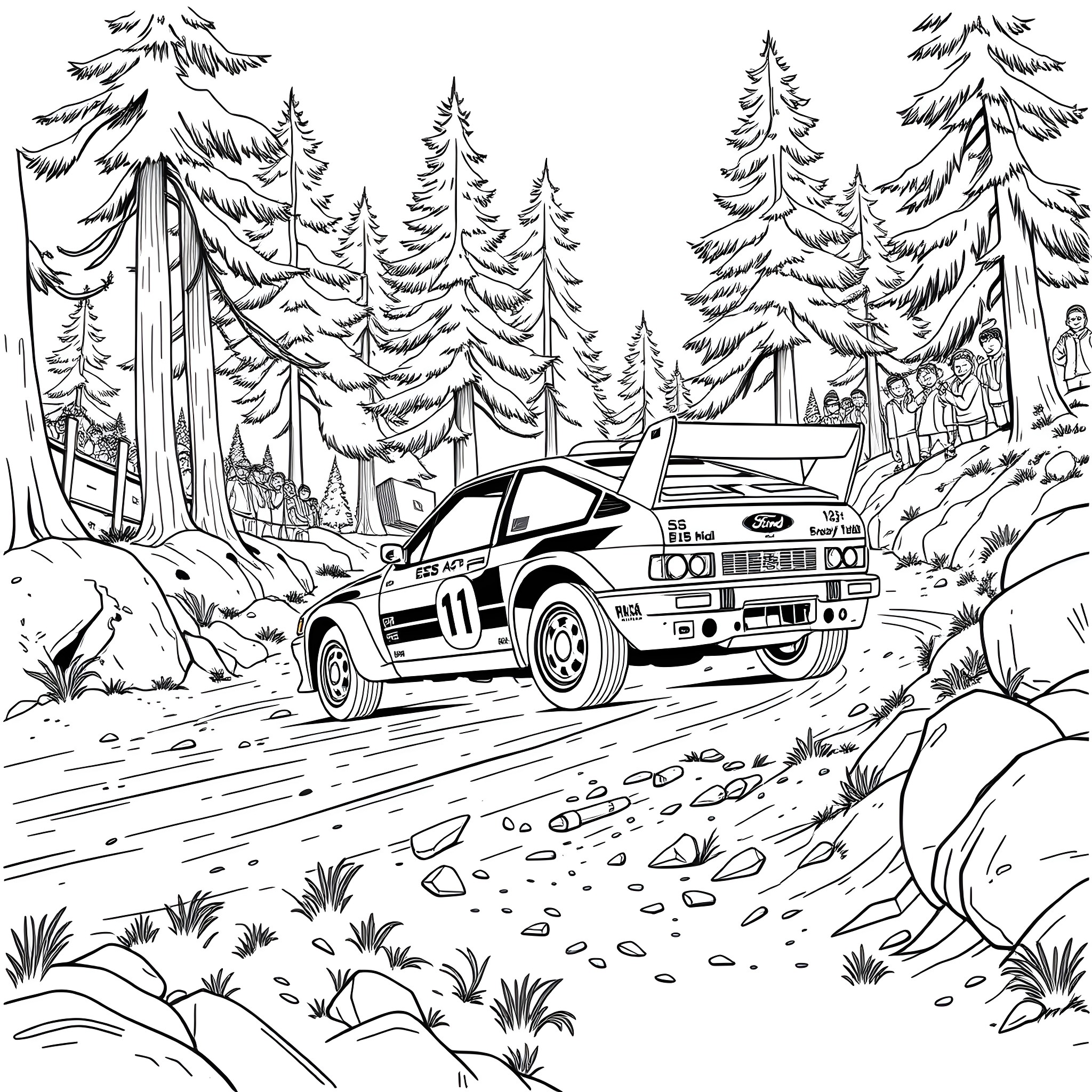 Ford RS200 rally car racing through forest landscape Coloring Page (free black-and-white line drawing printable PDF for all, from beginners to advanced learners, including children, teens, adults, and seniors)