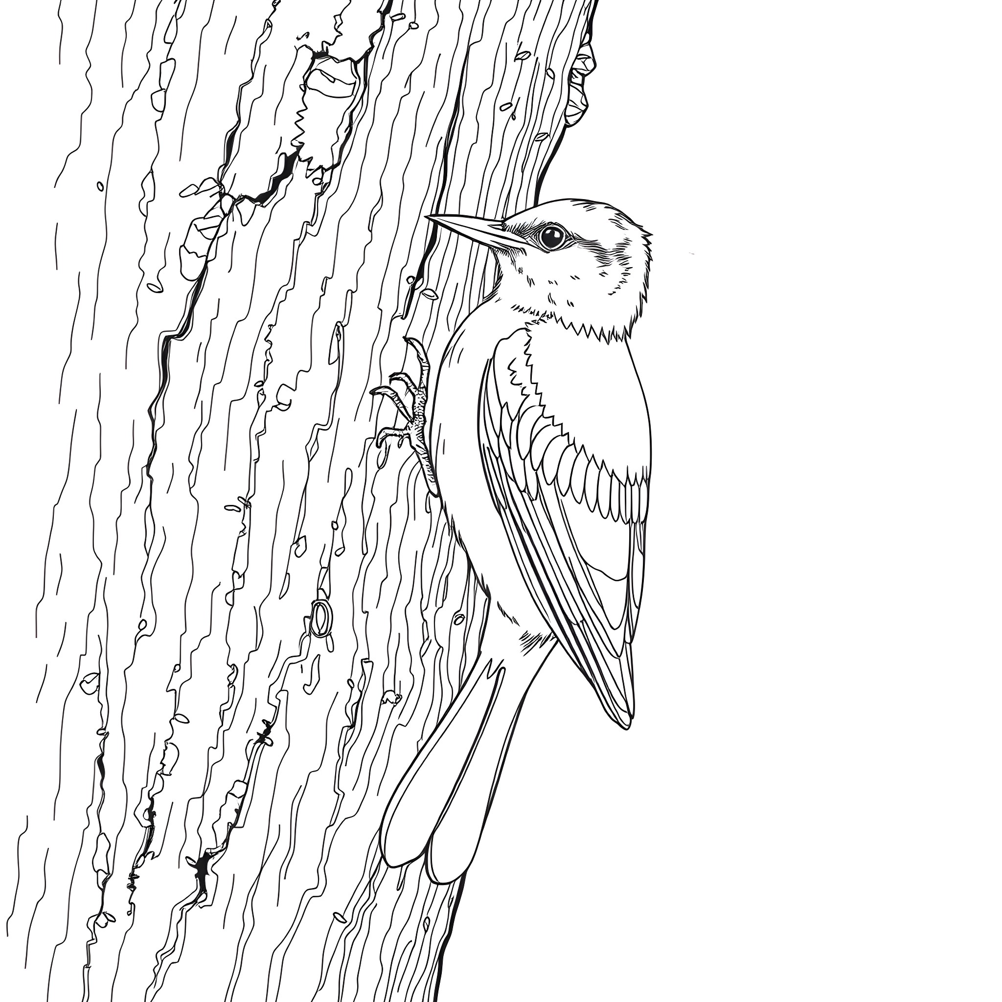 Honeycreeper climbing on a textured tree trunk Coloring Page (free black-and-white line drawing printable PDF for all, from beginners to advanced learners, including children, teens, adults, and seniors)