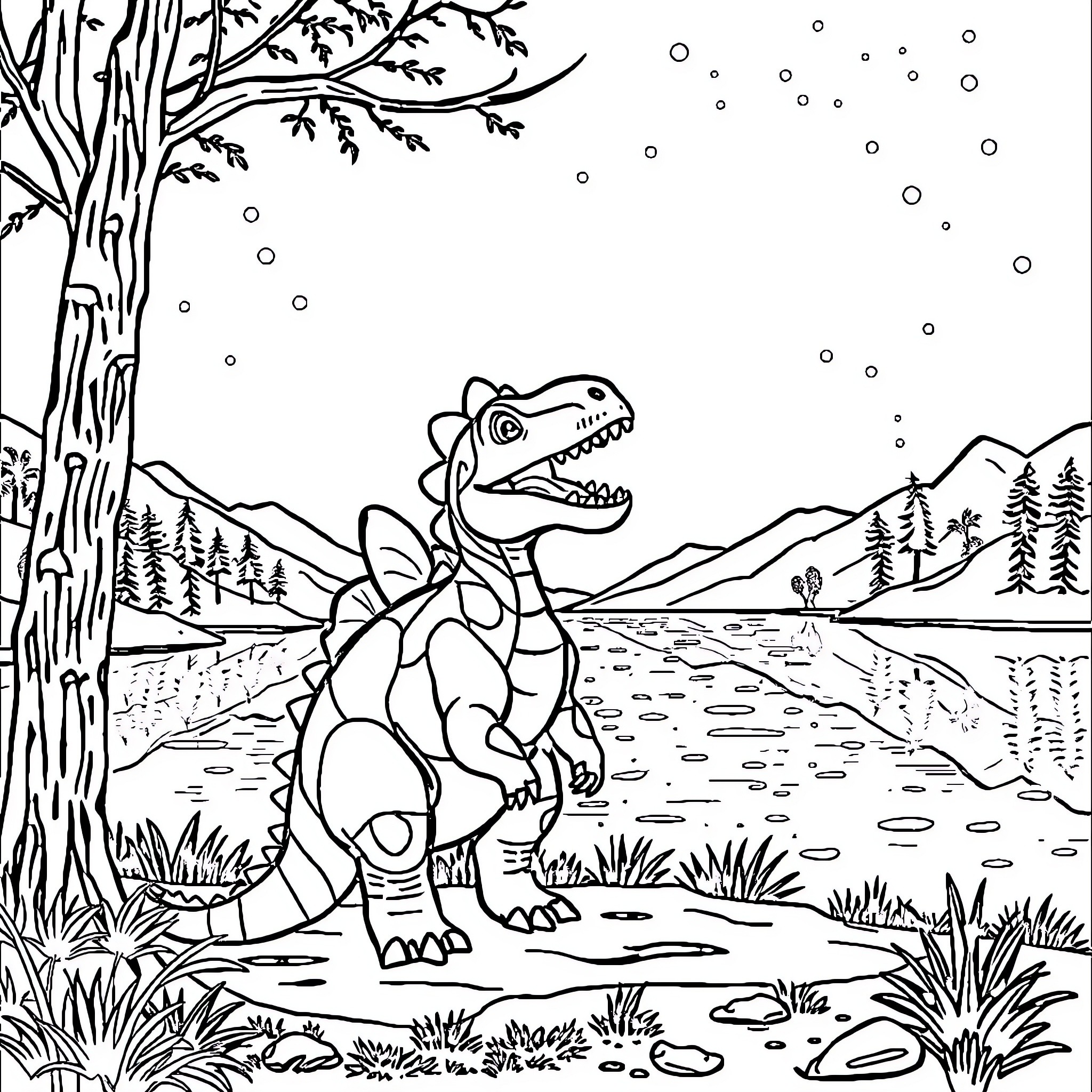 Dino exploring the wintry wilderness Coloring Page (free black-and-white line drawing printable PDF for all, from beginners to advanced learners, including children, teens, adults, and seniors)