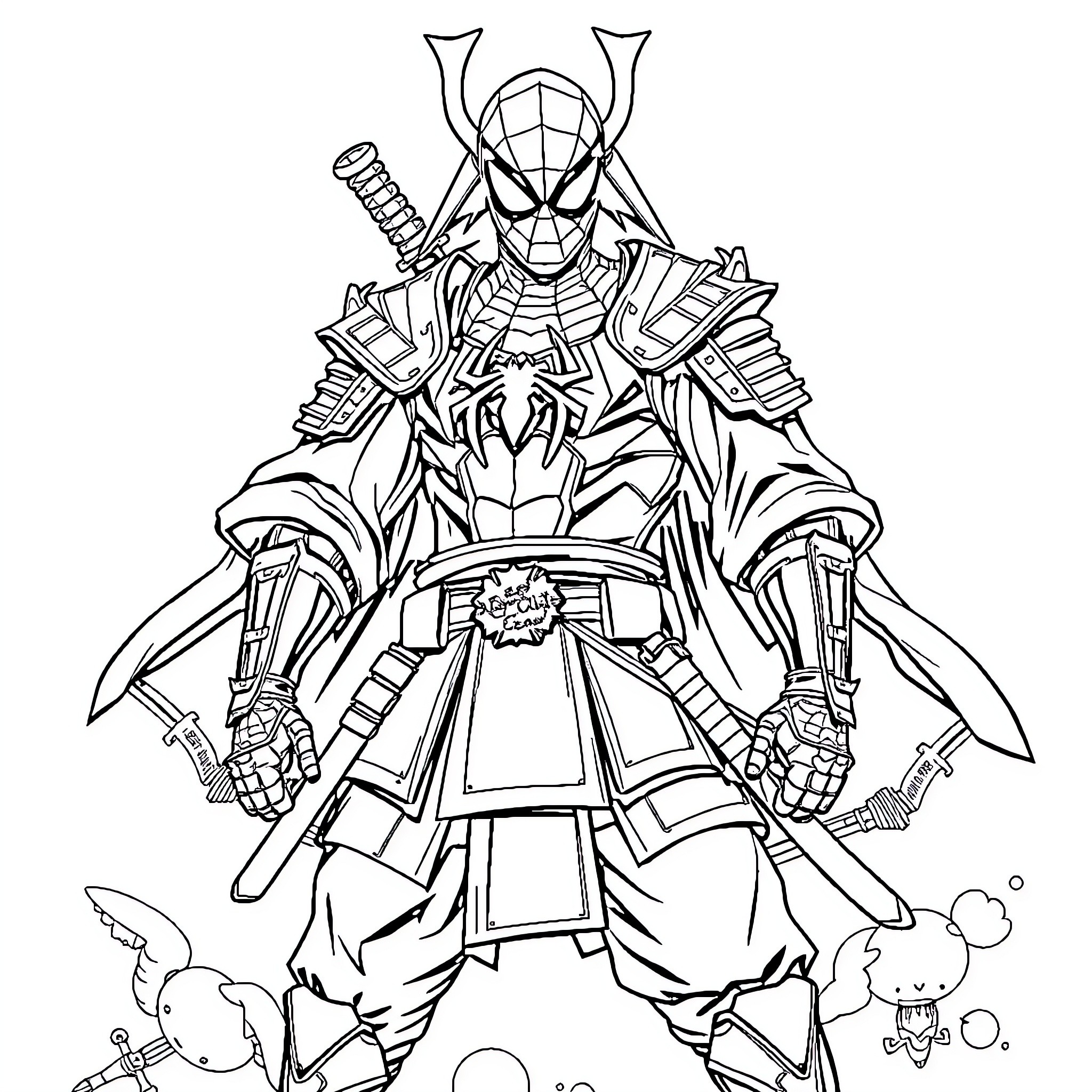 Samurai Spiderman in Heroic Battle Stance Coloring Page (free black-and-white line drawing printable PDF for all, from beginners to advanced learners, including children, teens, adults, and seniors)