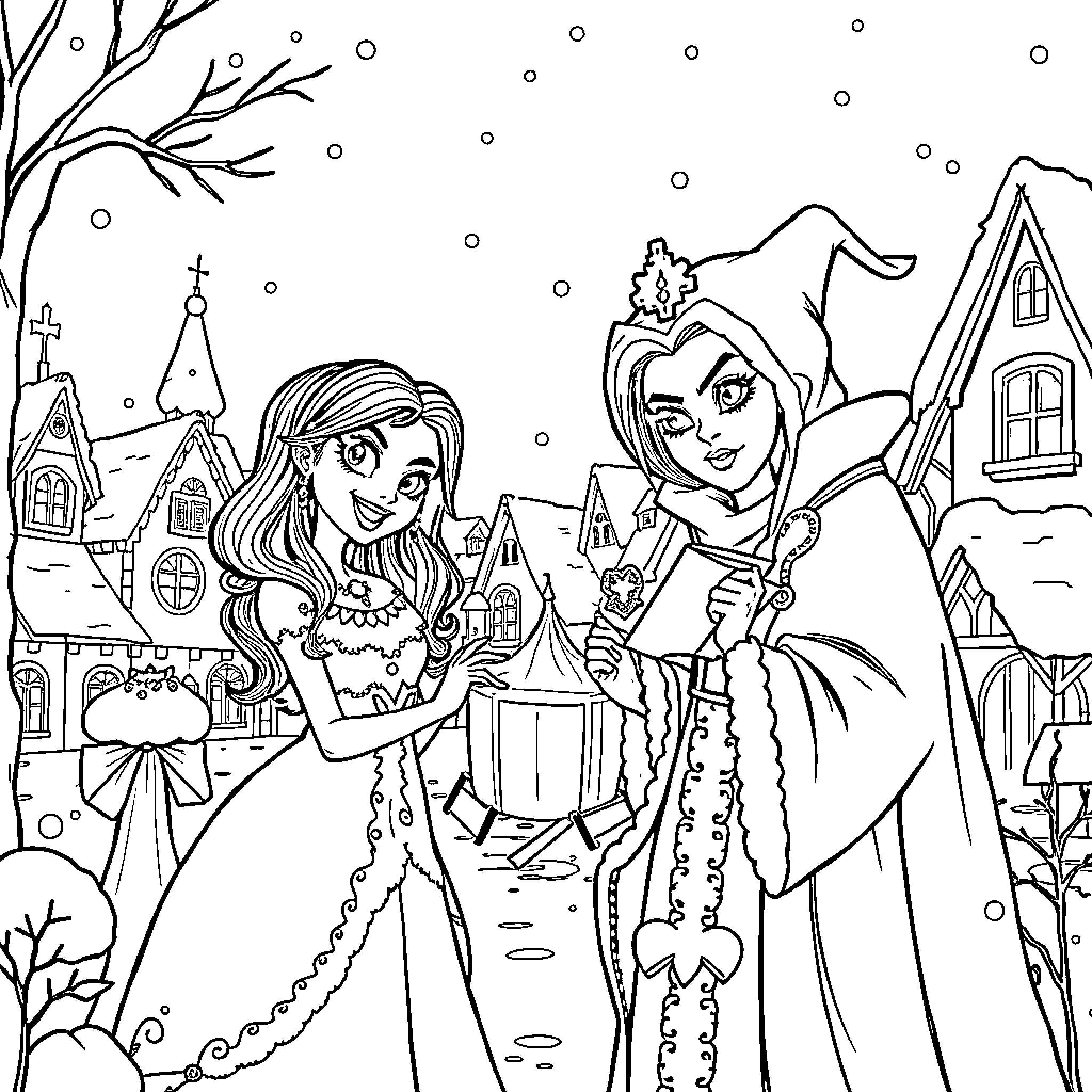 Draculaura enjoying a snowy winter day with friends Coloring Page (free black-and-white line drawing printable PDF for all, from beginners to advanced learners, including children, teens, adults, and seniors)