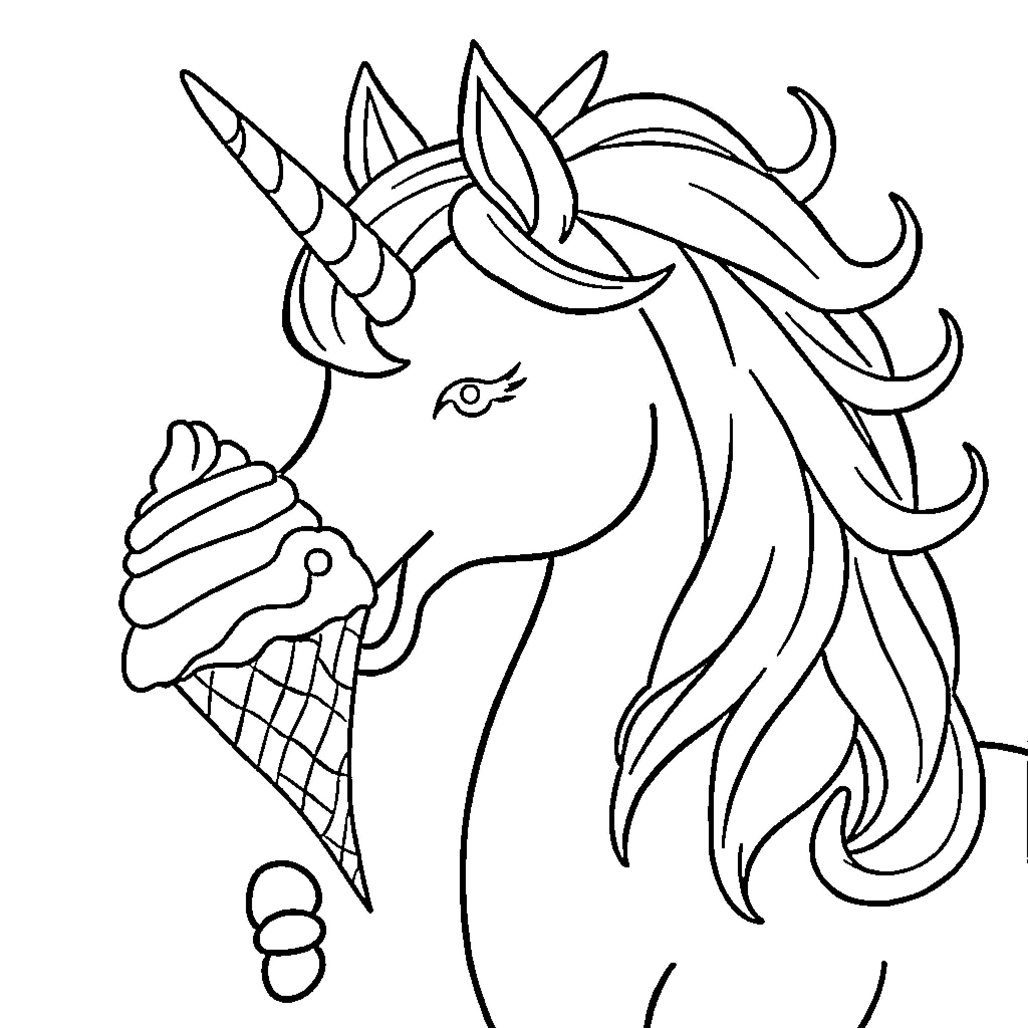 Unicorn with Ice Cream Cone and Flowing Mane Coloring Page (free black-and-white line drawing printable PDF for all, from beginners to advanced learners, including children, teens, adults, and seniors)