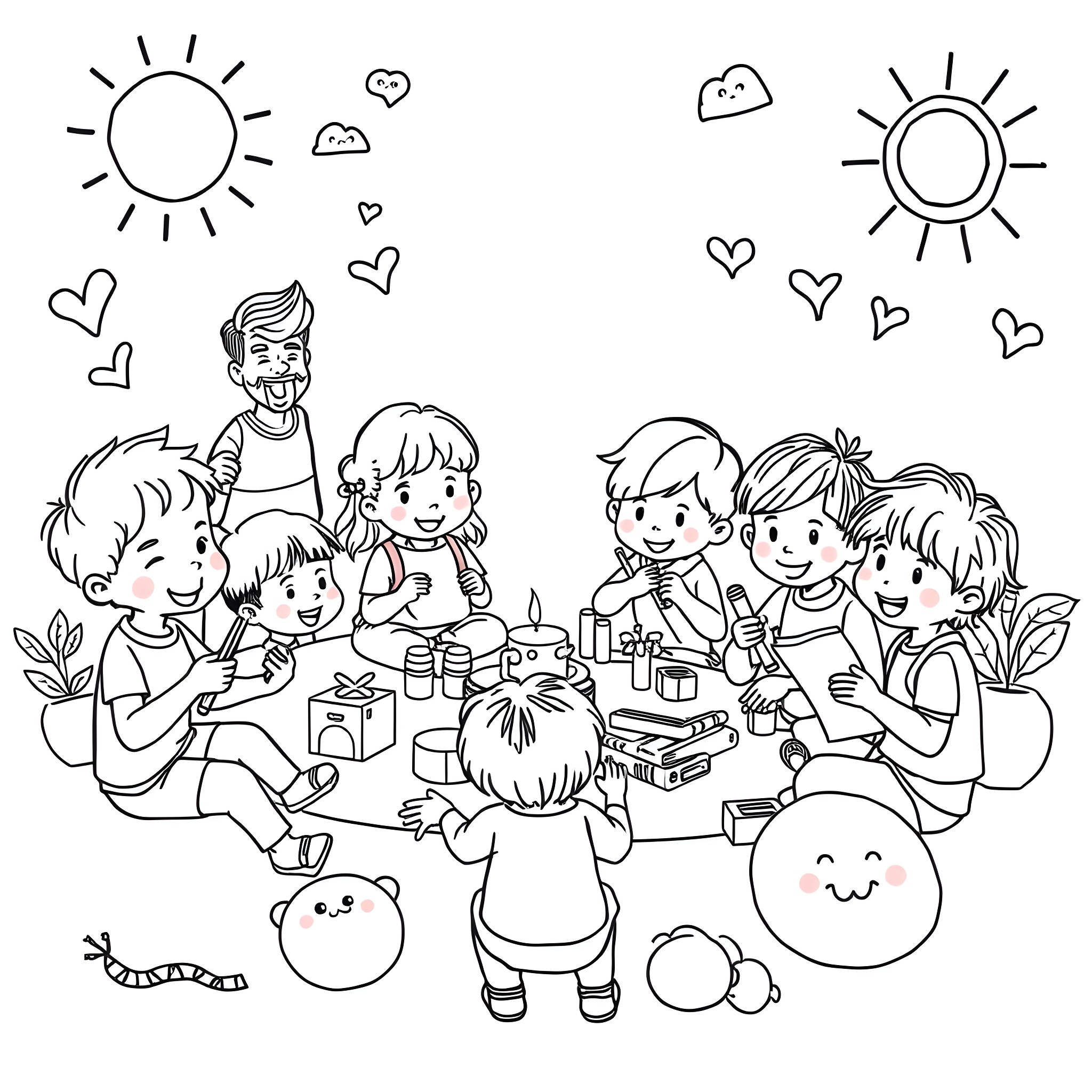 Autism Awareness: Children Celebrating Together with Arts and Crafts Coloring Page (free black-and-white line drawing printable PDF for all, from beginners to advanced learners, including children, teens, adults, and seniors)