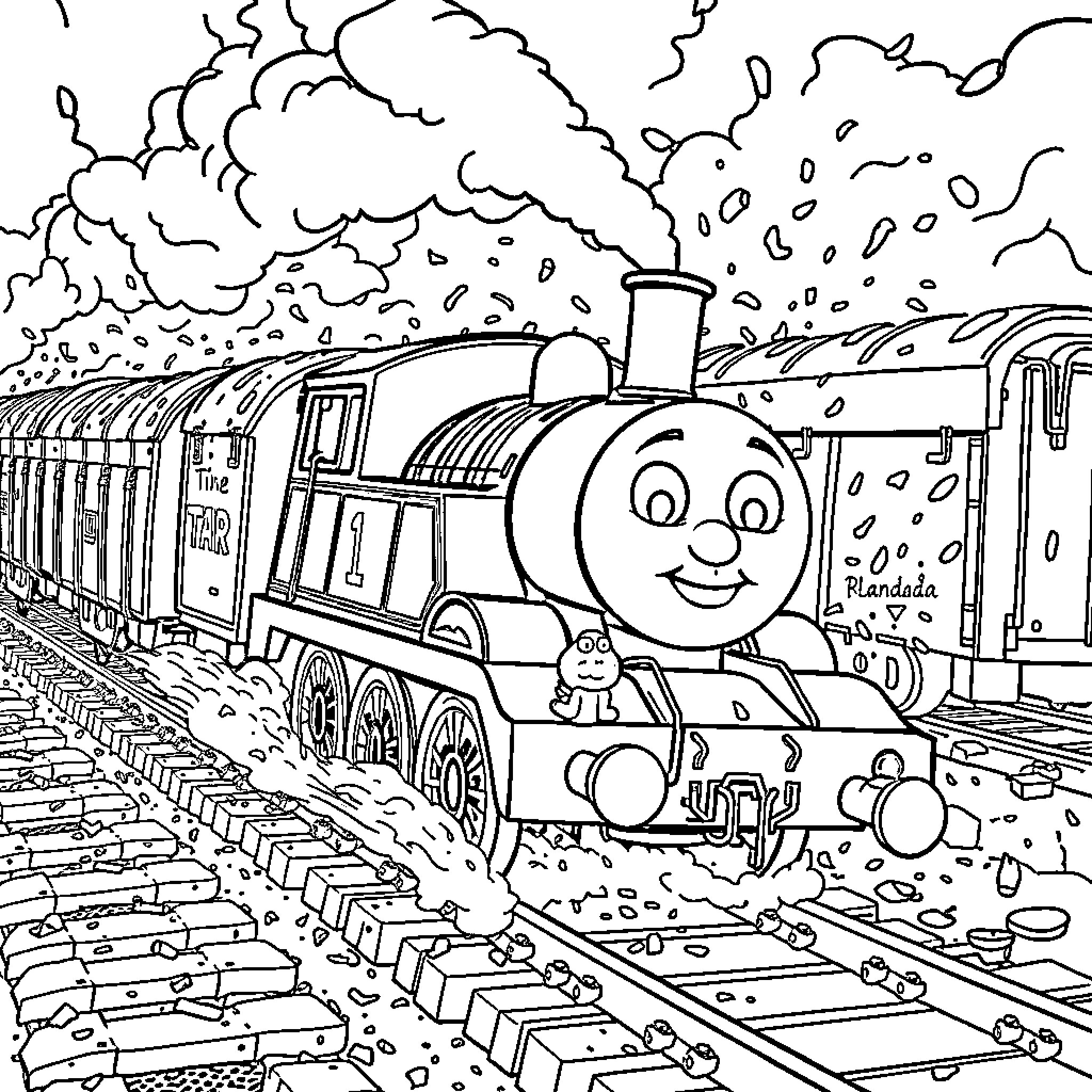 Thomas the Train Locomotive in Motion on Railway Tracks Coloring Page (free black-and-white line drawing printable PDF for all, from beginners to advanced learners, including children, teens, adults, and seniors)