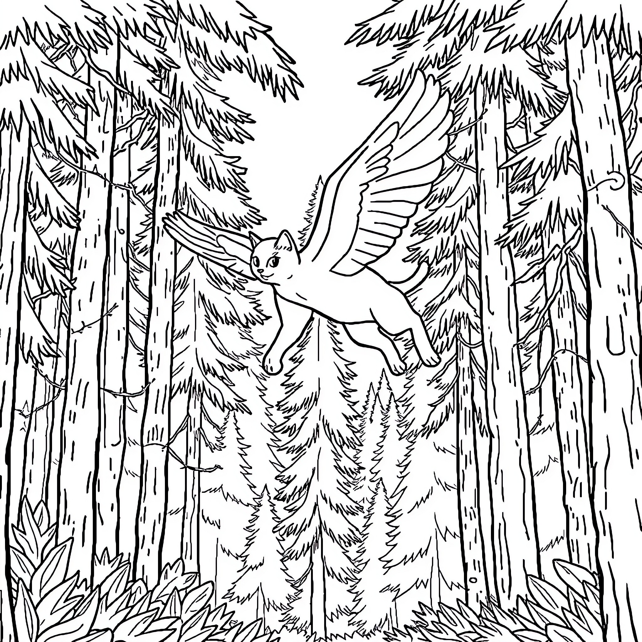 Cat flying in magical forest Coloring Page (free black-and-white line drawing printable PDF for all, from beginners to advanced learners, including children, teens, adults, and seniors)