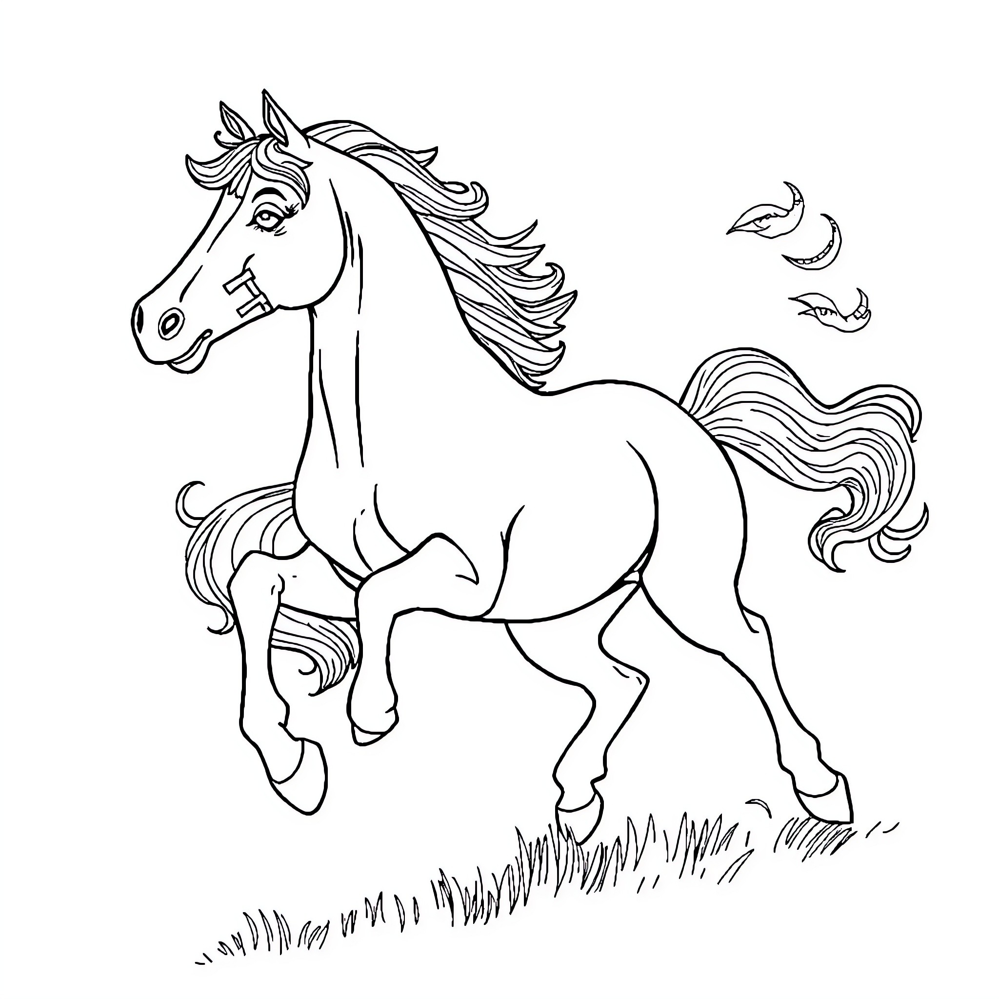 Tasse of a galloping horse in the meadow Coloring Page (free black-and-white line drawing printable PDF for all, from beginners to advanced learners, including children, teens, adults, and seniors)