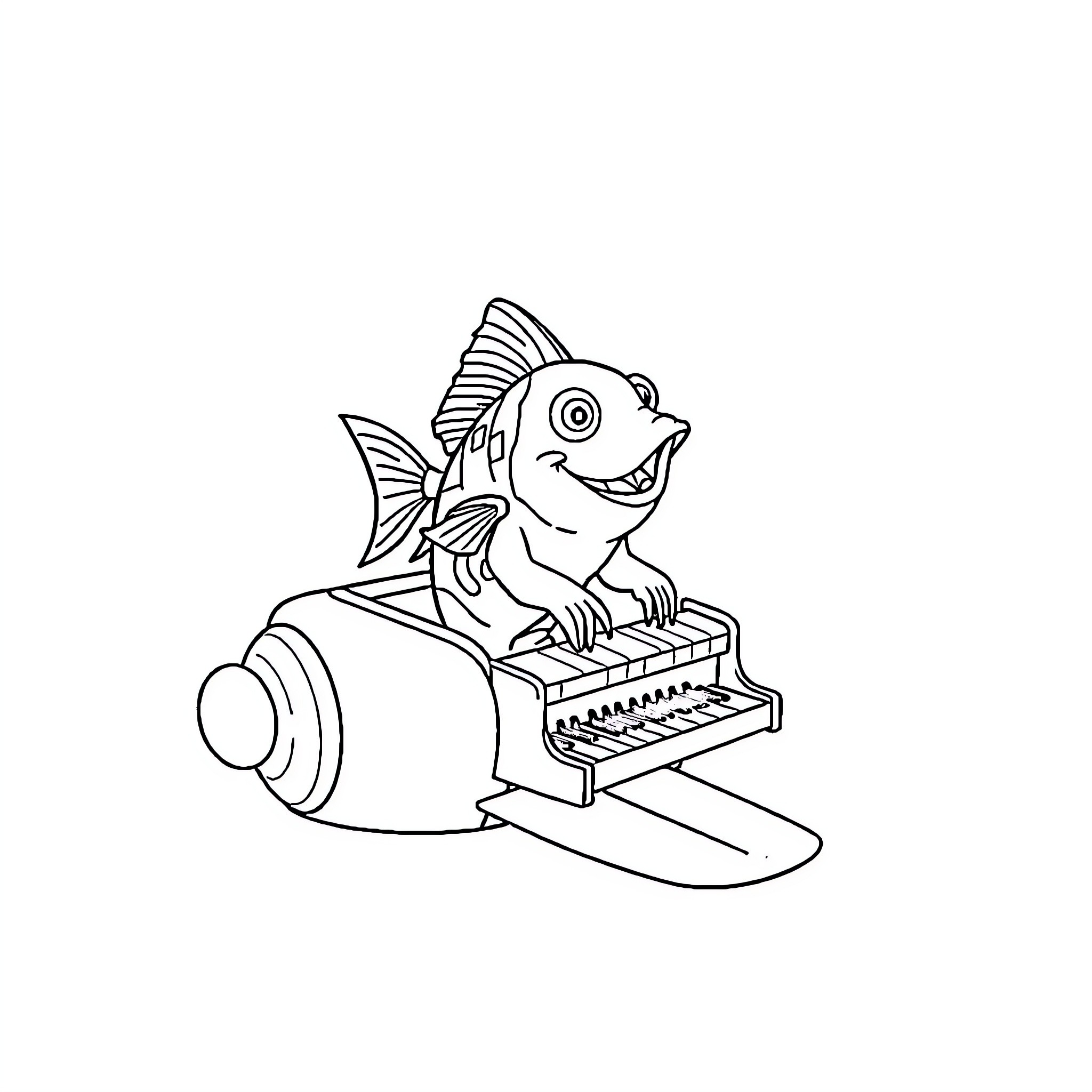 Fish playing keyboard in submarine Coloring Page (free black-and-white line drawing printable PDF for all, from beginners to advanced learners, including children, teens, adults, and seniors)