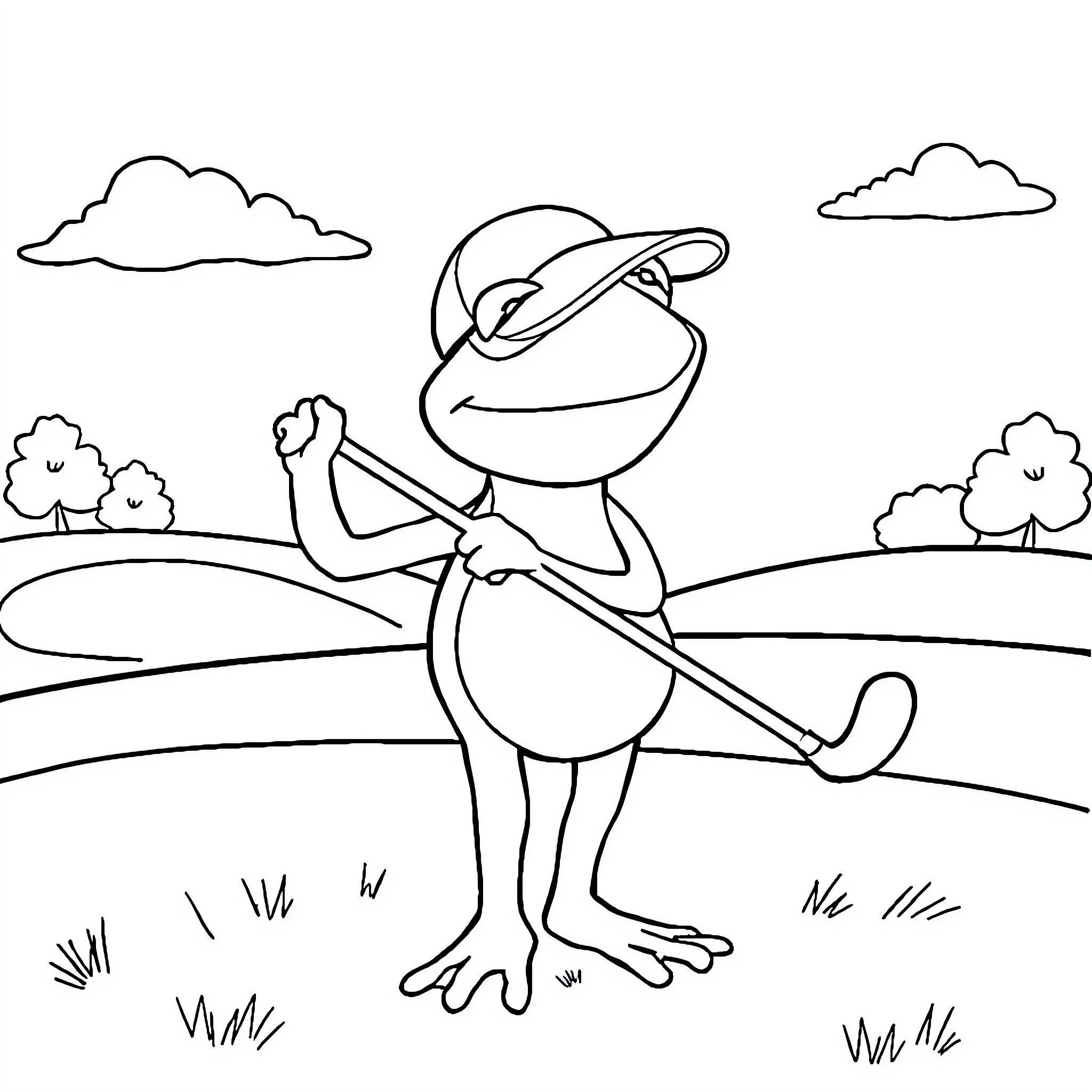 Kermit the Frog enjoying nature in the countryside Coloring Page (free black-and-white line drawing printable PDF for all, from beginners to advanced learners, including children, teens, adults, and seniors)