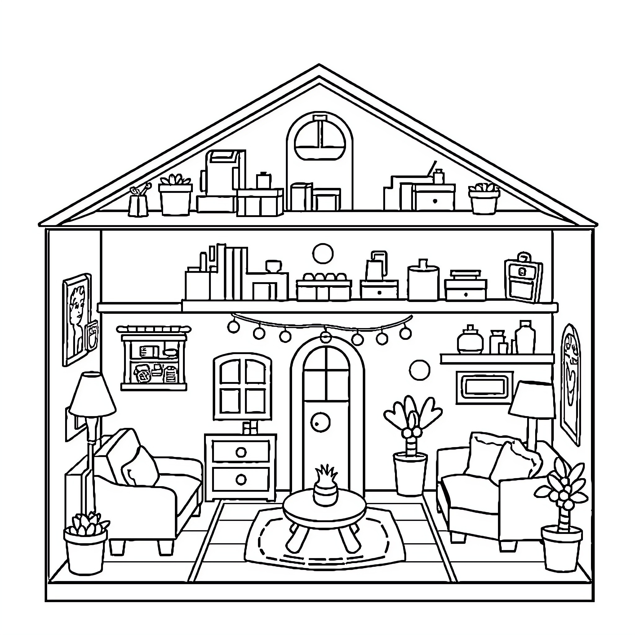 Dollhouse with Diverse Decor and Furnishings Coloring Page (free black-and-white line drawing printable PDF for all, from beginners to advanced learners, including children, teens, adults, and seniors)