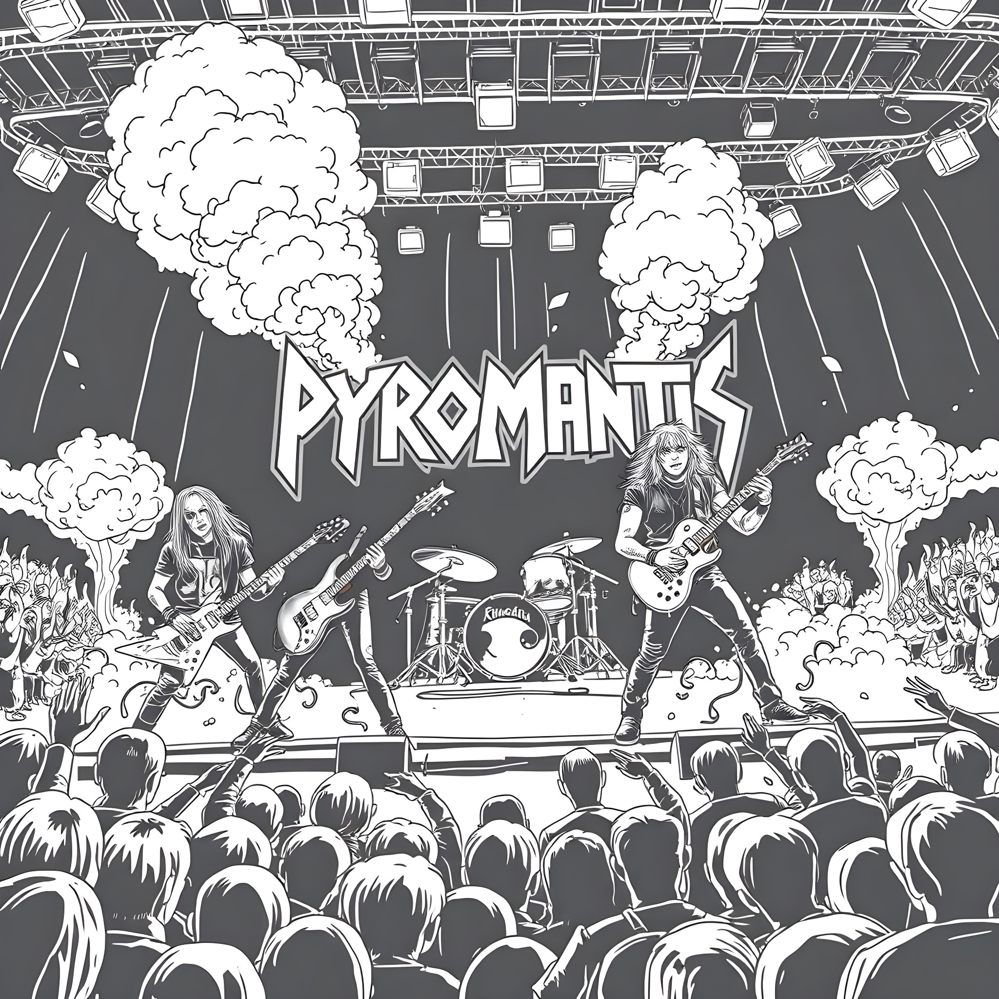 Band performing energetically on stage Coloring Page (free black-and-white line drawing printable PDF for all, from beginners to advanced learners, including children, teens, adults, and seniors)