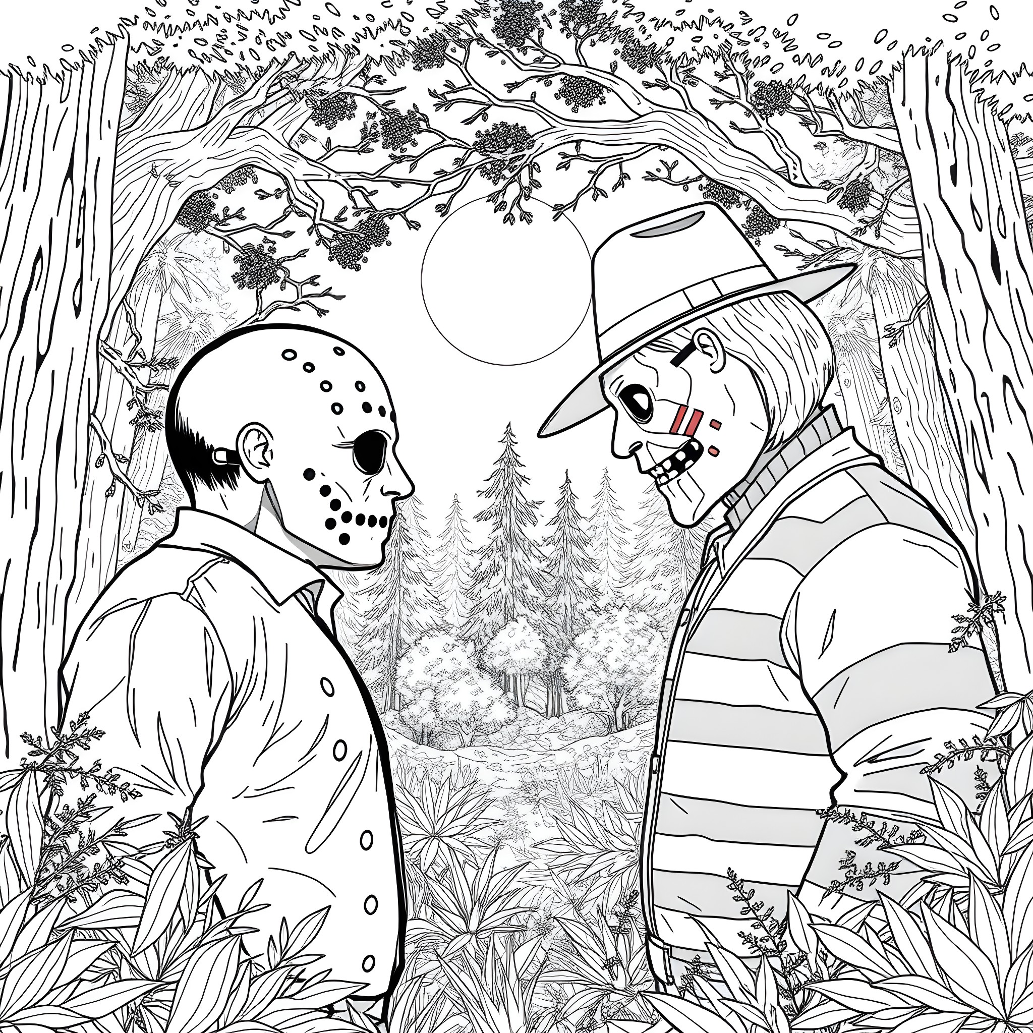 Jason and the Masked Man Encounter in the Enchanted Forest Coloring Page (free black-and-white line drawing printable PDF for all, from beginners to advanced learners, including children, teens, adults, and seniors)