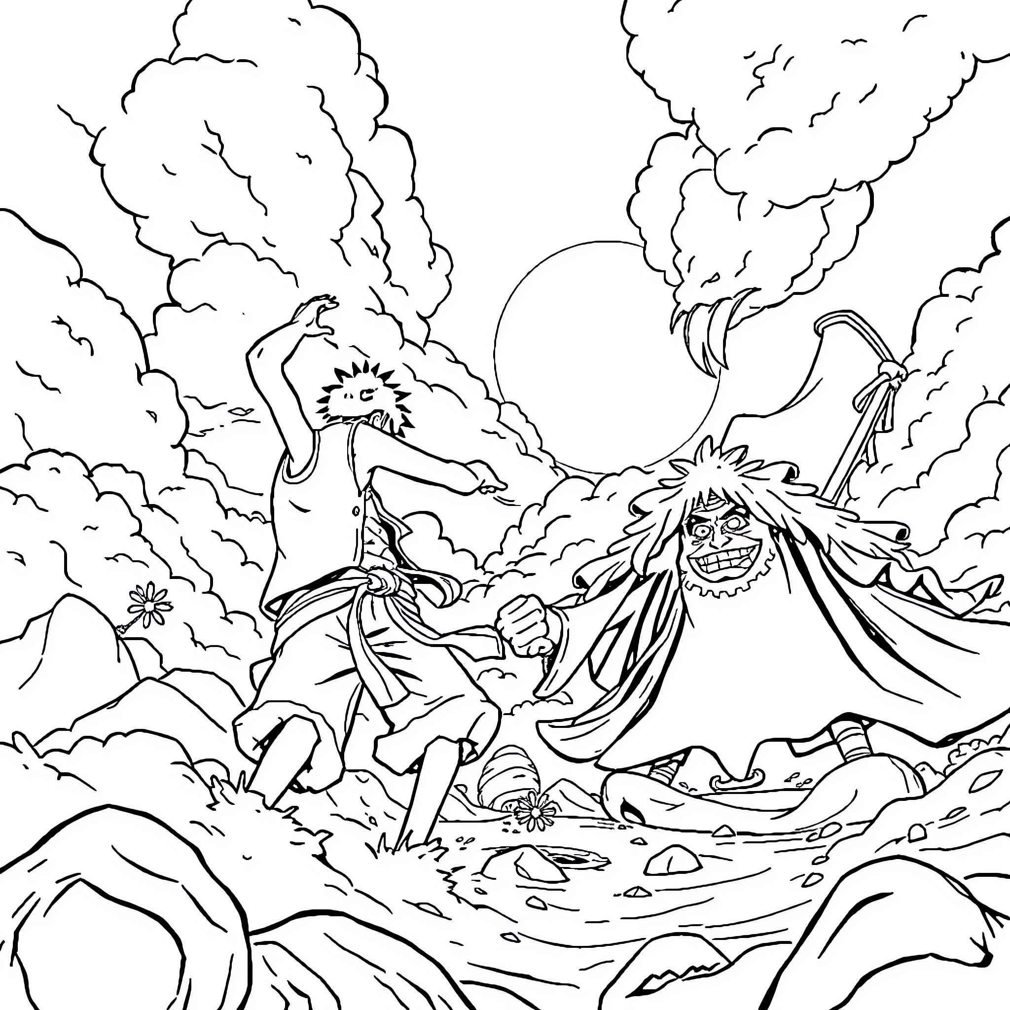 Luffy's Intense Volcanic Adventure Coloring Page (free black-and-white line drawing printable PDF for all, from beginners to advanced learners, including children, teens, adults, and seniors)