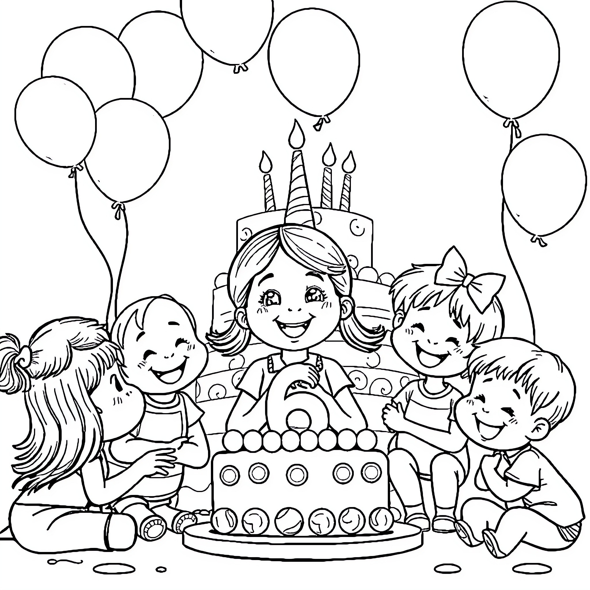 Girl celebrating birthday with friends and cake Coloring Page (free black-and-white line drawing printable PDF for all, from beginners to advanced learners, including children, teens, adults, and seniors)