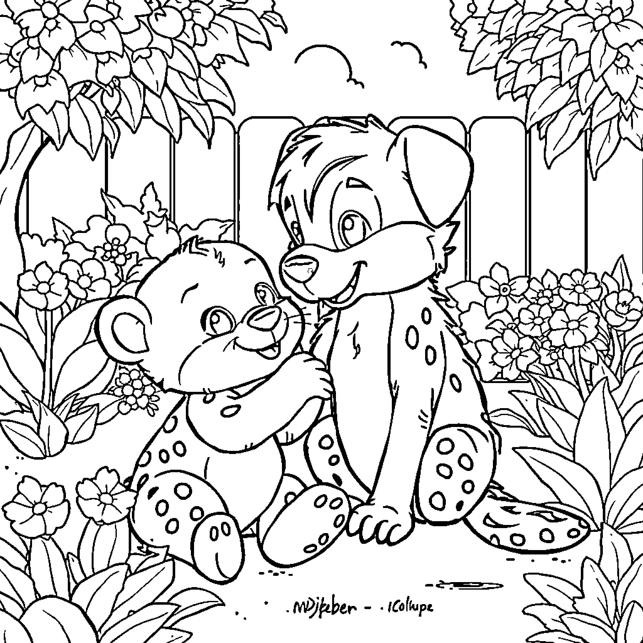 Baby puppies playing in the garden Coloring Page (free black-and-white line drawing printable PDF for all, from beginners to advanced learners, including children, teens, adults, and seniors)