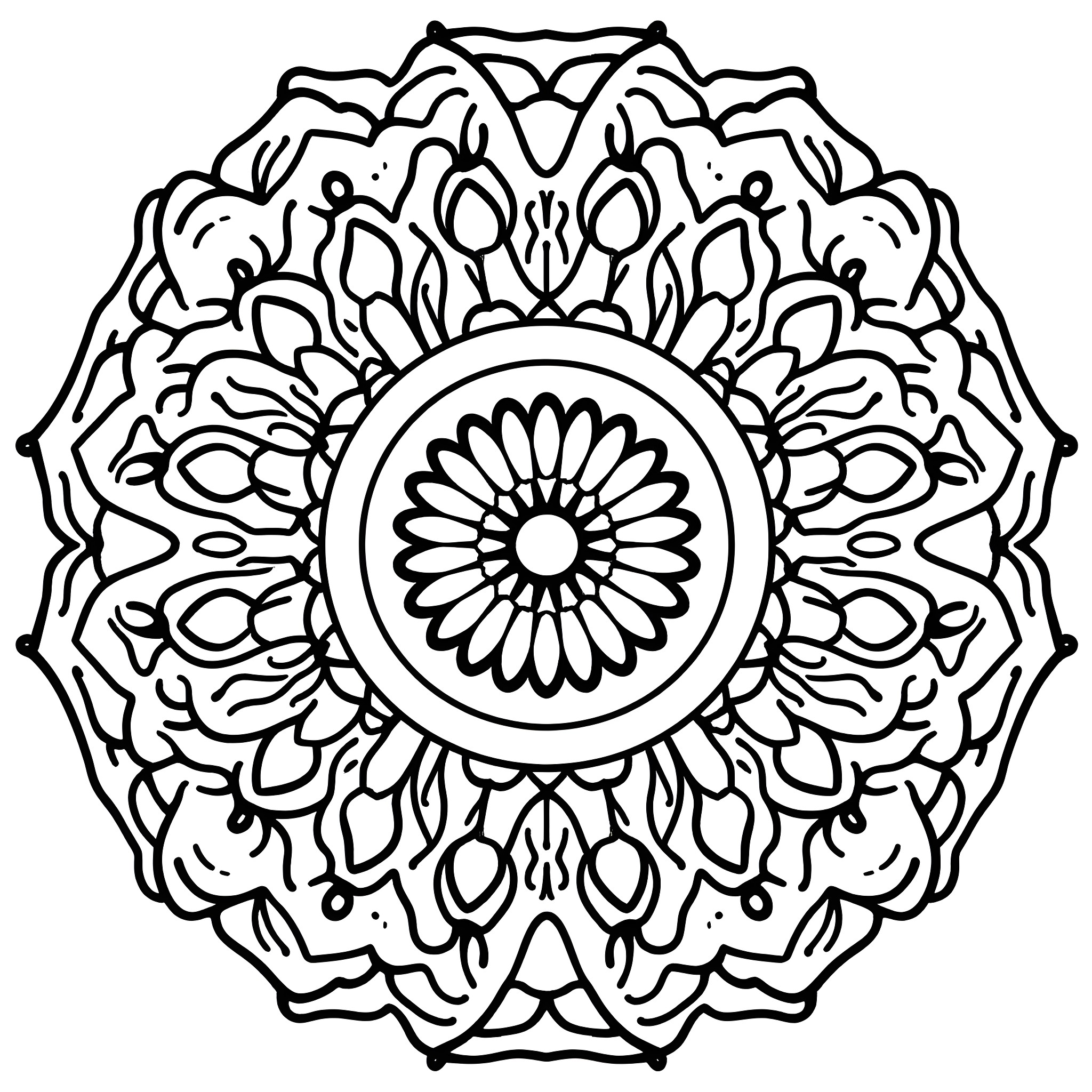 Mandala with intricate floral patterns and symmetrical design Coloring Page (free black-and-white line drawing printable PDF for all, from beginners to advanced learners, including children, teens, adults, and seniors)