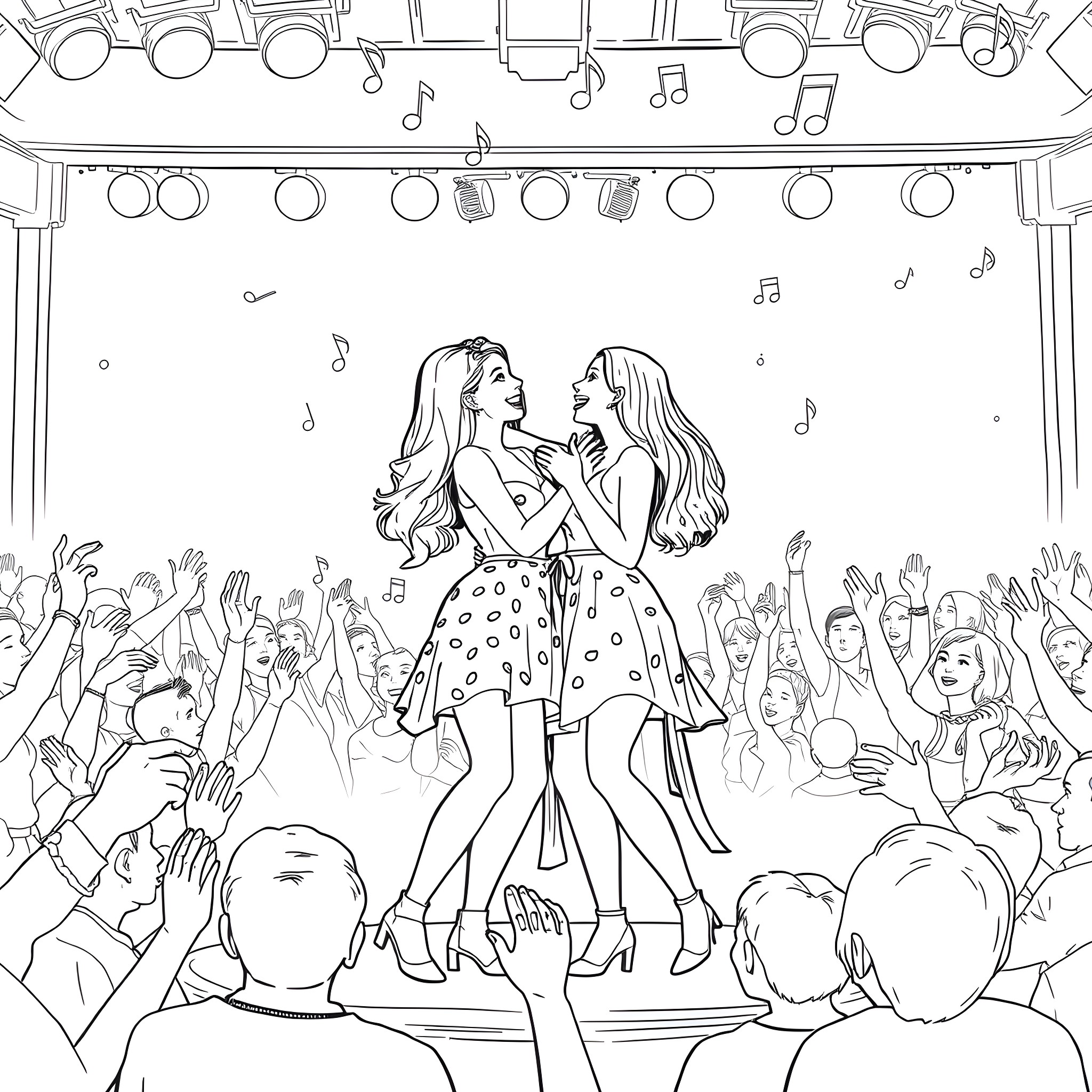 Lola Young and Friend Perform on Stage Coloring Page (free black-and-white line drawing printable PDF for all, from beginners to advanced learners, including children, teens, adults, and seniors)