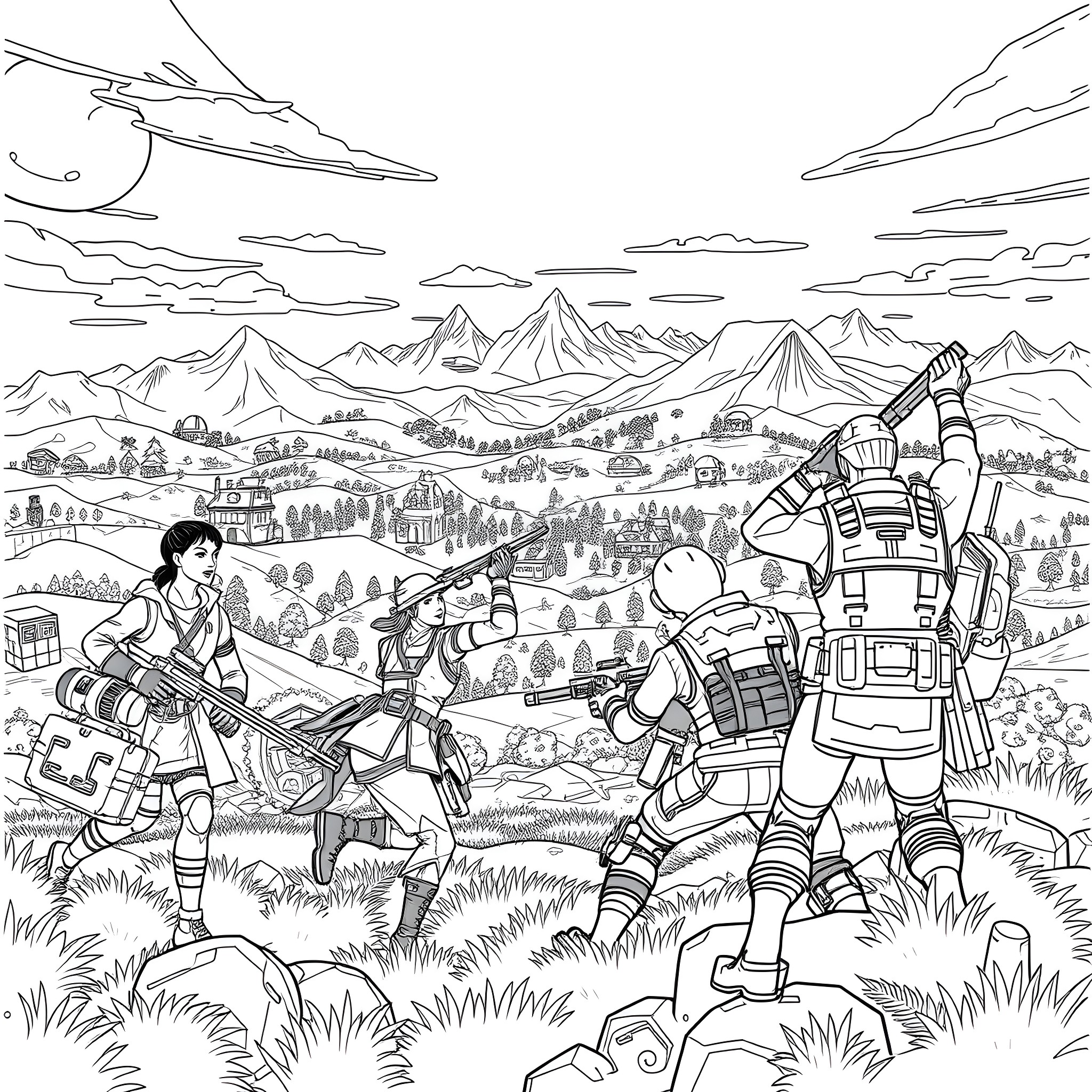 Fortnite Battle Royale characters in epic landscape Coloring Page (free black-and-white line drawing printable PDF for all, from beginners to advanced learners, including children, teens, adults, and seniors)