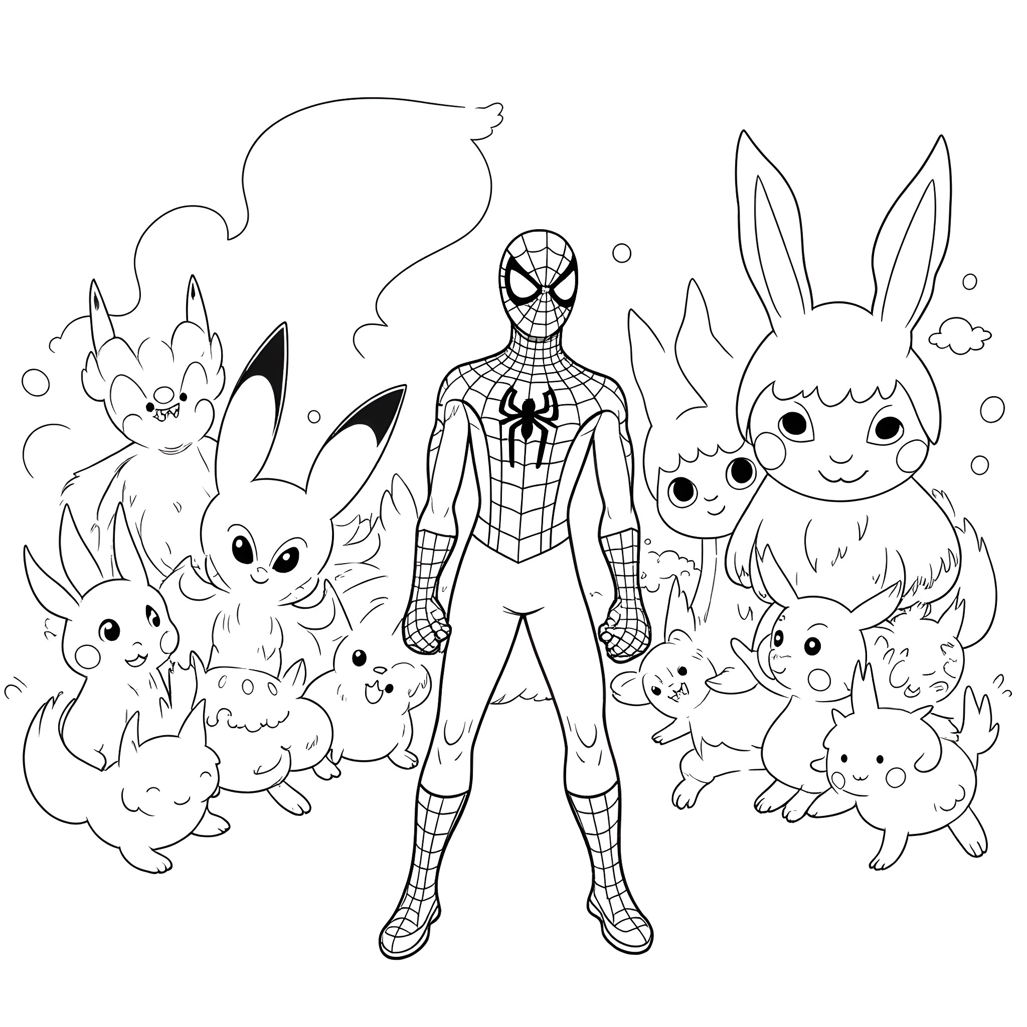 Spiderman surrounded by cute fantasy creatures Coloring Page (free black-and-white line drawing printable PDF for all, from beginners to advanced learners, including children, teens, adults, and seniors)