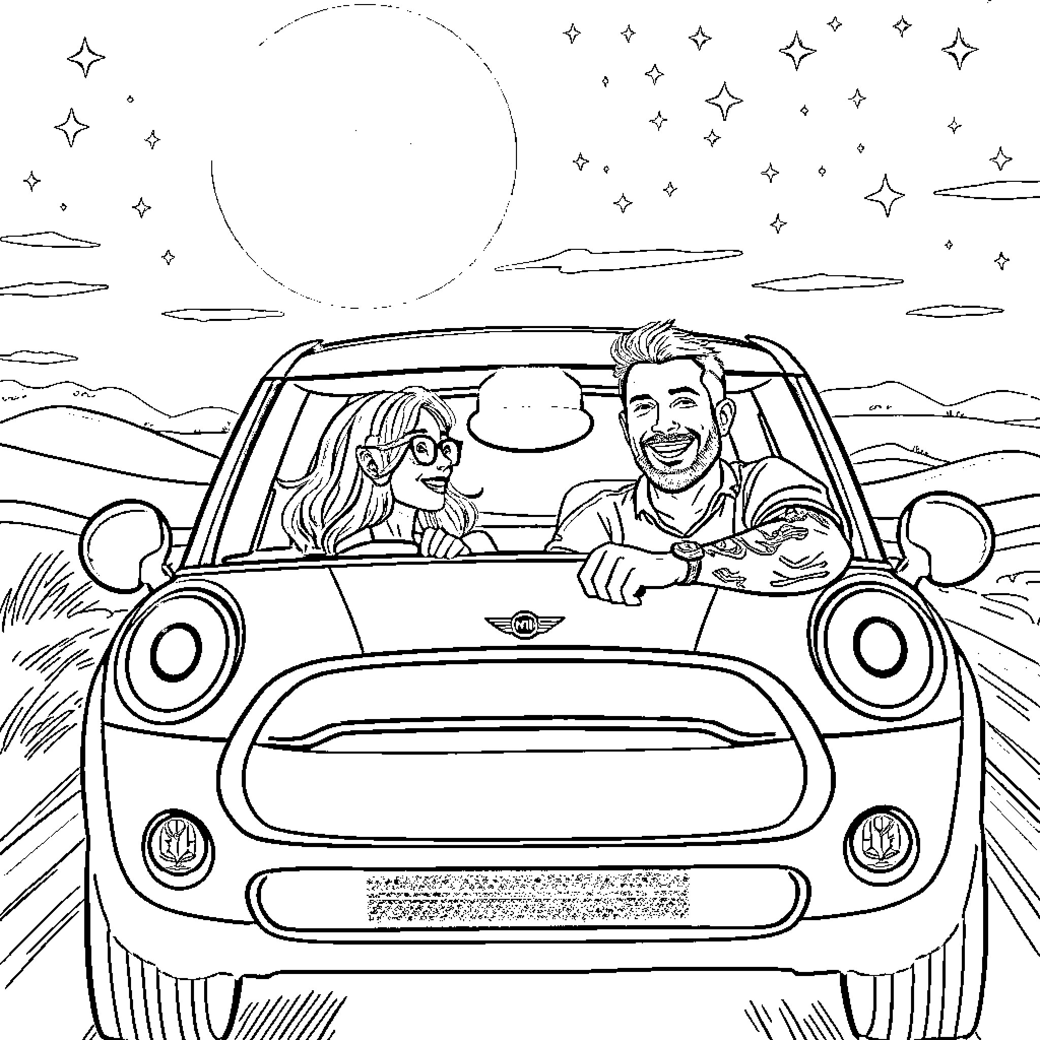 Couple enjoying a night drive under the starry sky Coloring Page (free black-and-white line drawing printable PDF for all, from beginners to advanced learners, including children, teens, adults, and seniors)