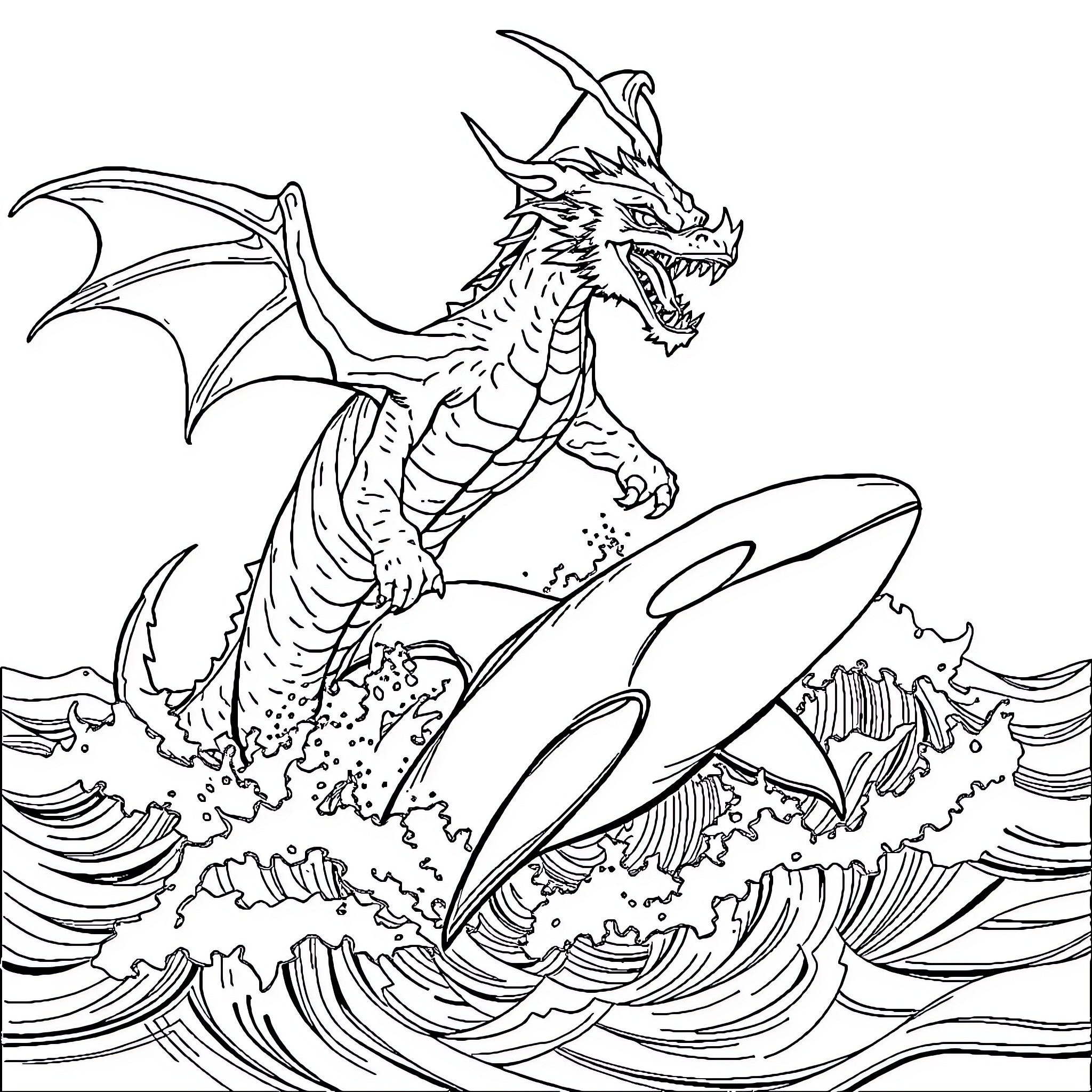 Dragon Soaring Amidst Stormy Waves Coloring Page (free black-and-white line drawing printable PDF for all, from beginners to advanced learners, including children, teens, adults, and seniors)